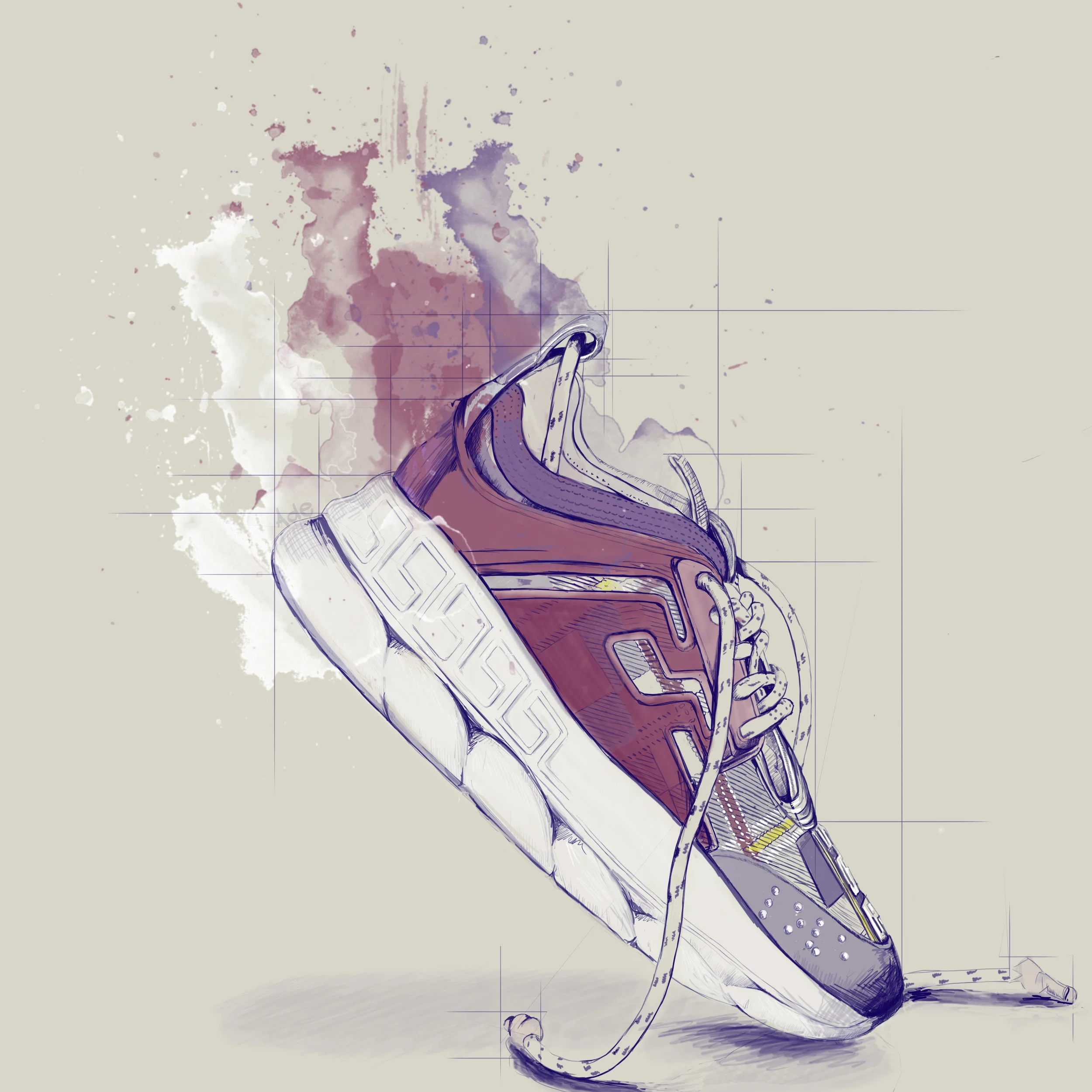 A sketch of a running shoe with watercolor splashes in purple, pink, and white behind it. Salehe Bembury, Versace , Chain reaction