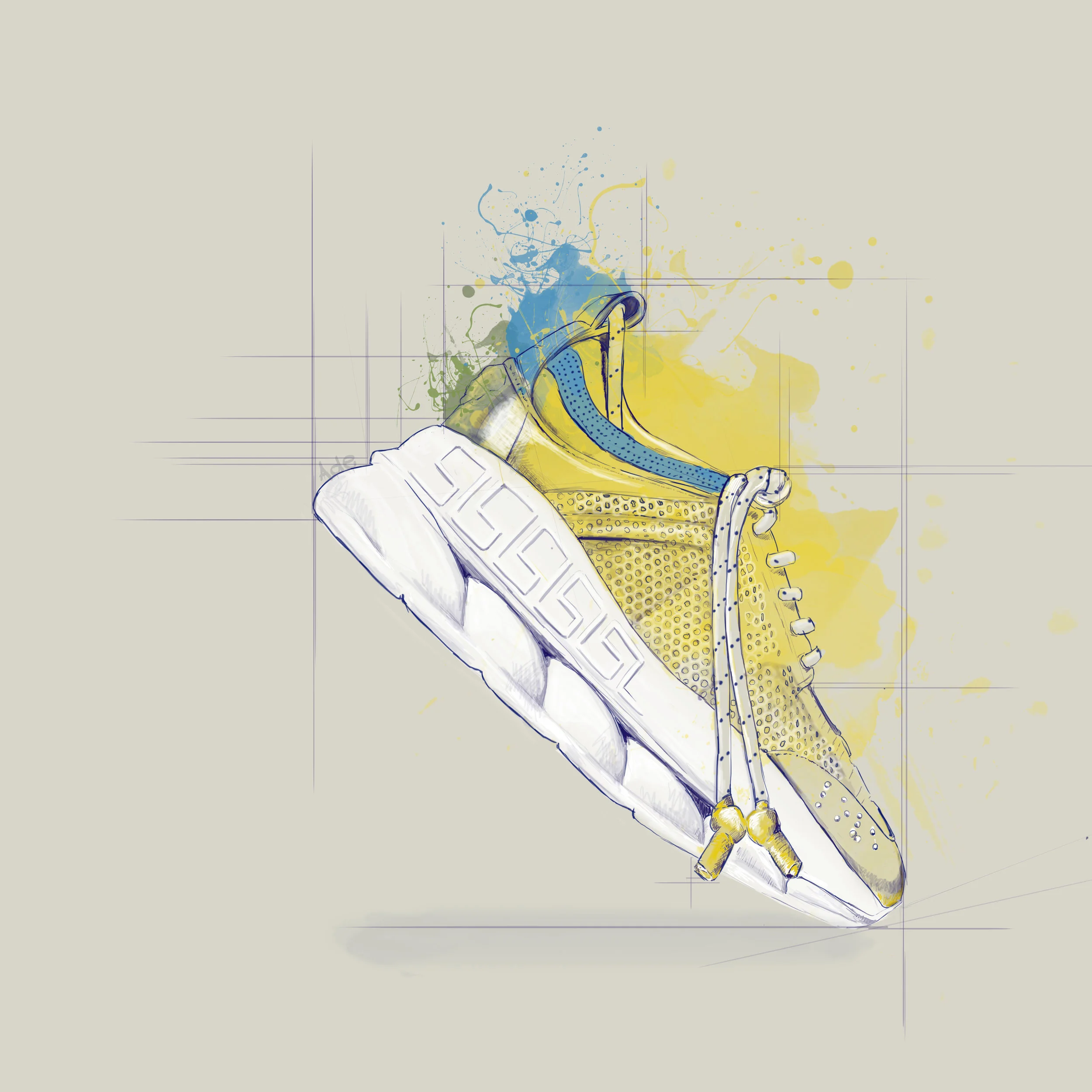 A digital sketch of a yellow and gray athletic shoe with blue accents, with yellow, gray, and blue paint splashes in the background. Salehe Bembury, Versace , Chain reaction