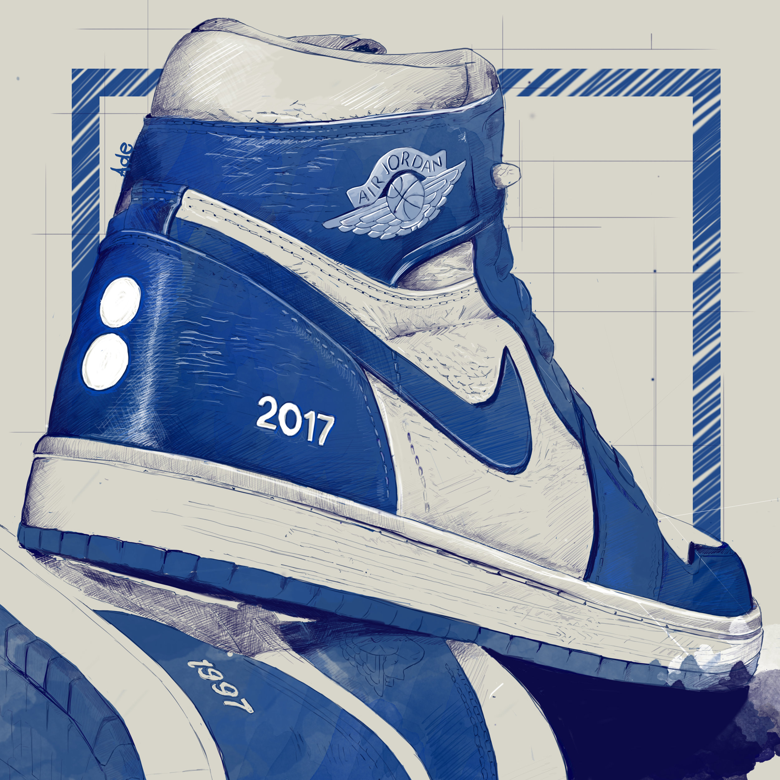 Drawing of a blue and white Nike Air Jordan sneaker with the year 2017 on the side, featuring the Air Jordan logo.