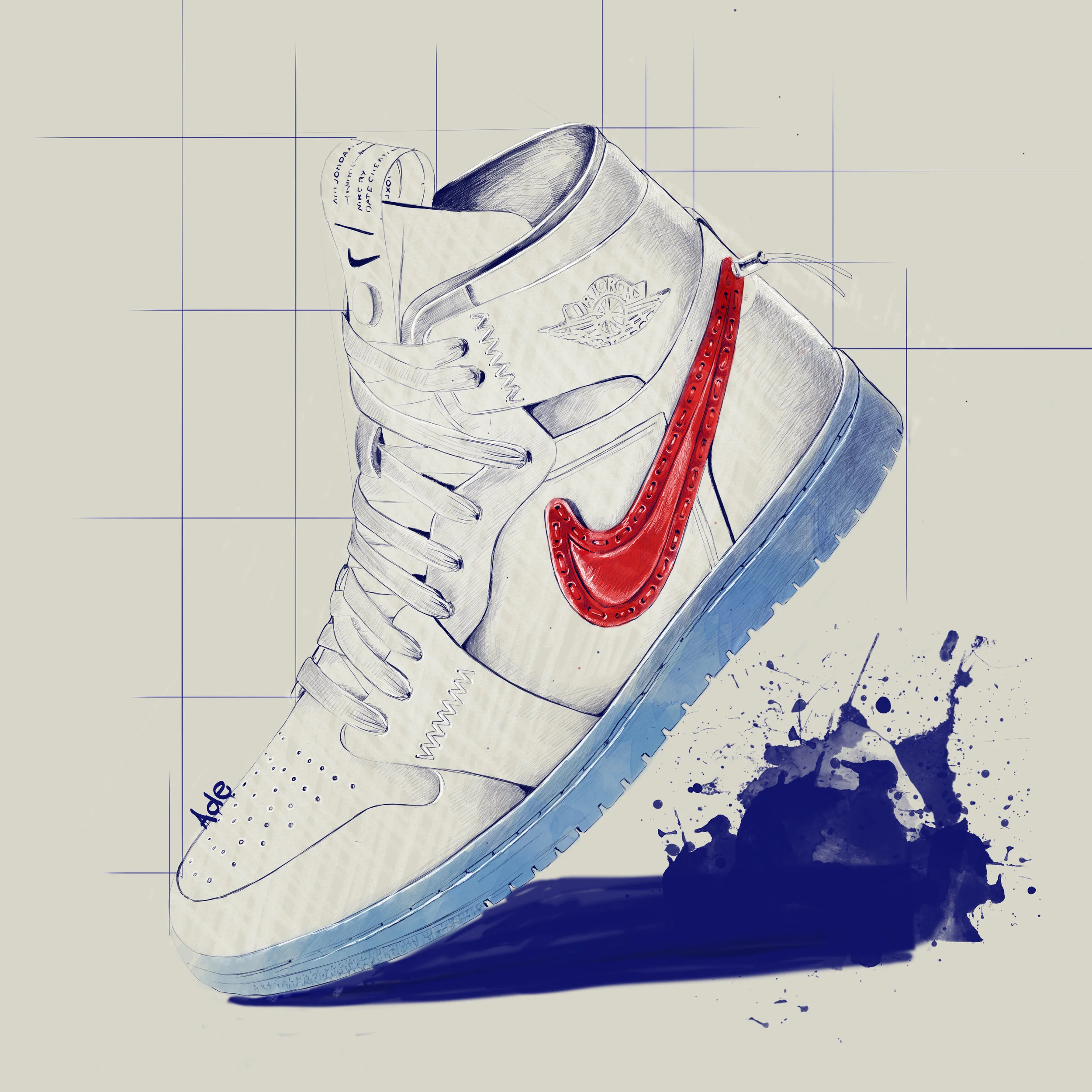 Sketch of a high-top sneaker with a red Nike swoosh logo, incorporating technical design elements and a blue paint splatter below.