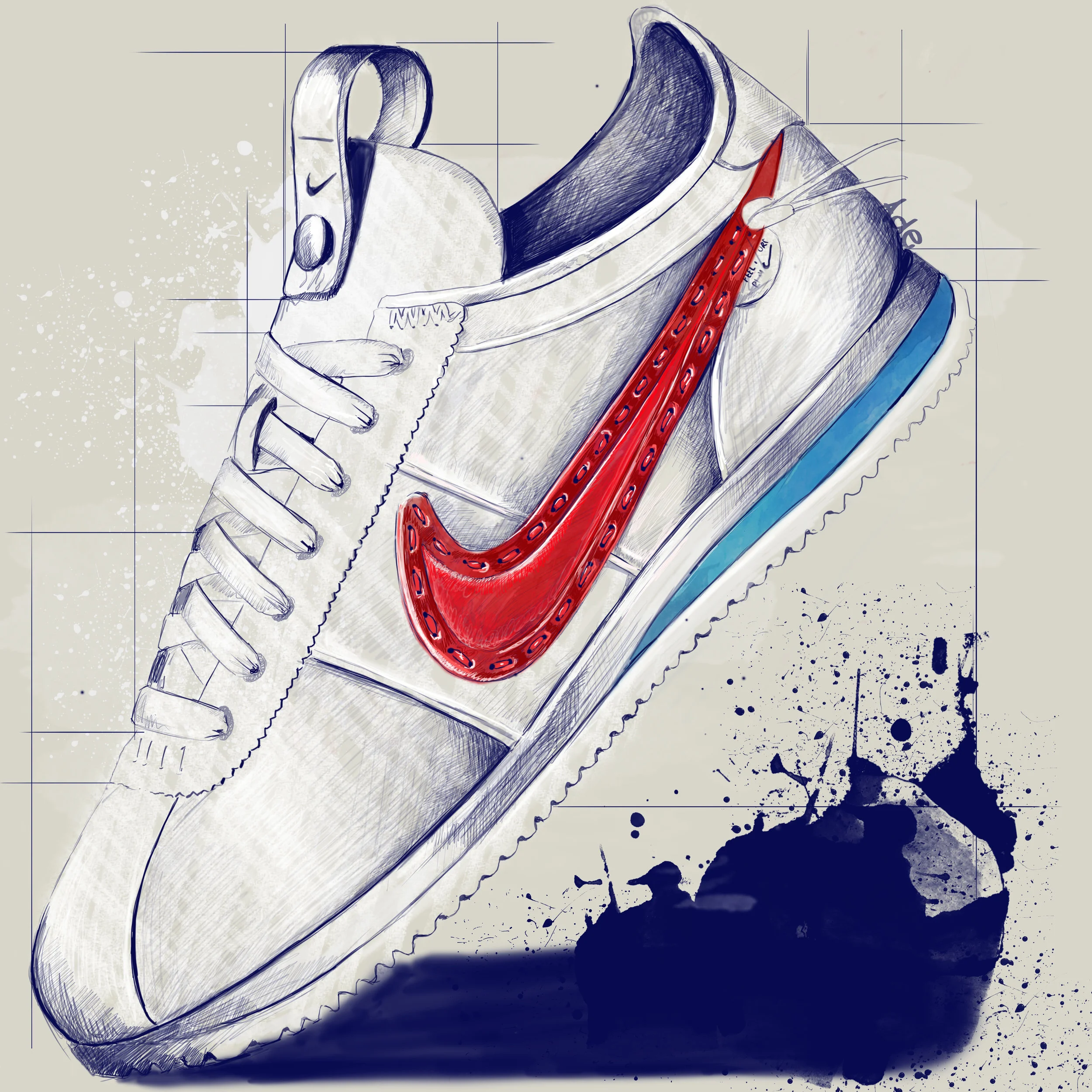 A sketch of a white athletic shoe with a red Nike swoosh logo, featuring blue accents, a white tongue, and white laces, with a splatter of black ink underneath.