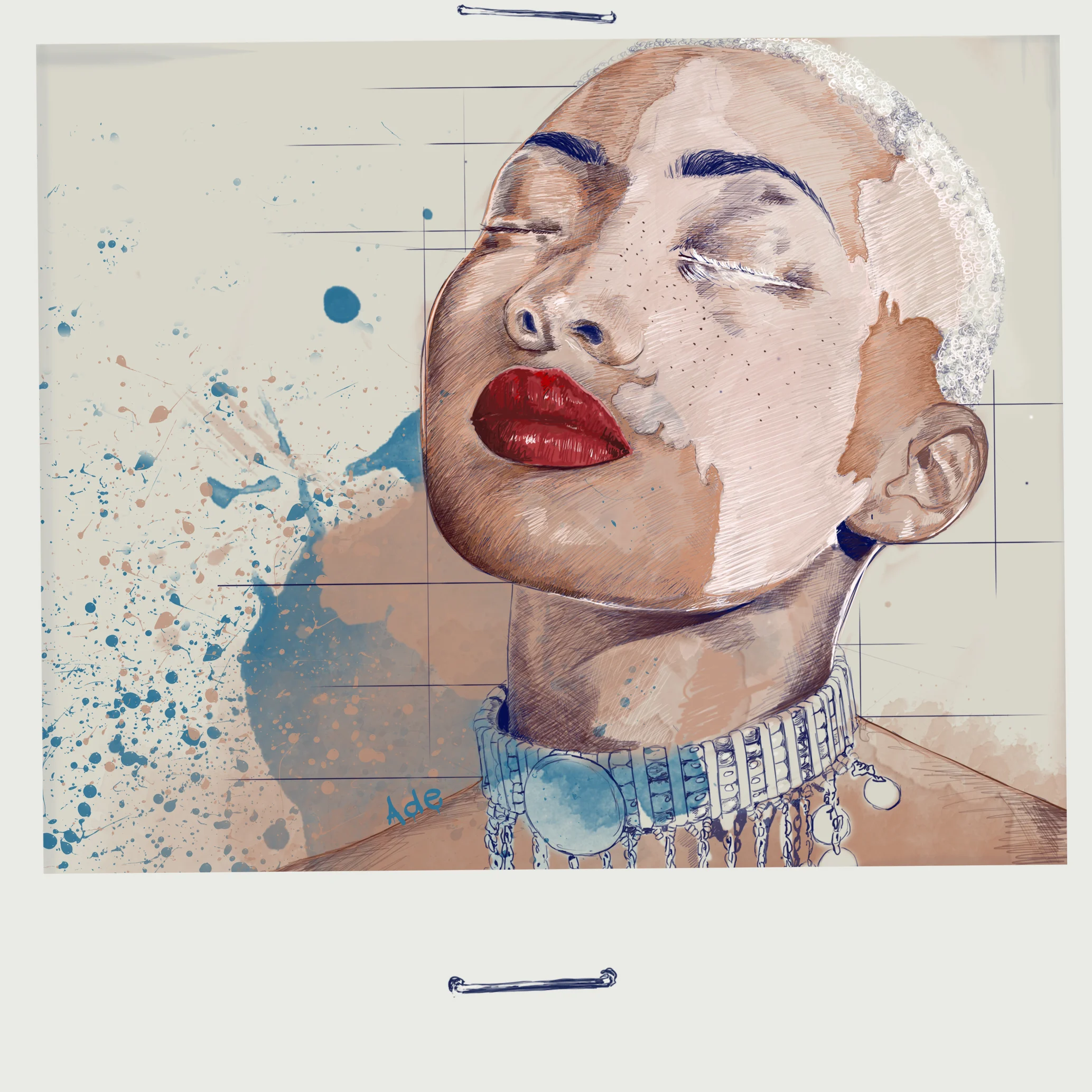 Digital artwork of a woman with closed eyes, bold red lips, short platinum blonde hair, wearing a choker with chains and charms, against a splattered paint background.
