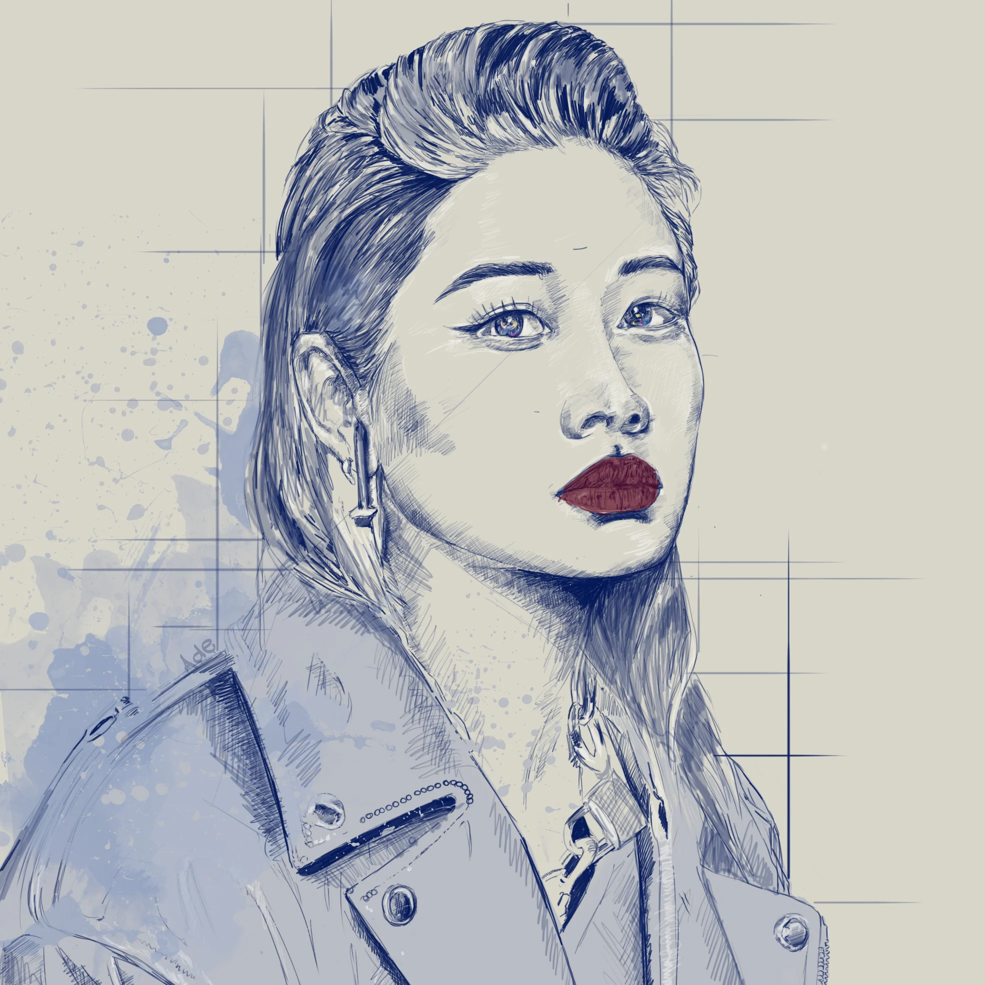 Sketch of a  Yoon Ambush with long hair, wearing earrings and a leather jacket, with her head turned slightly to the side. The drawing features detailed shading and blue tones with some paint splatters in the background.