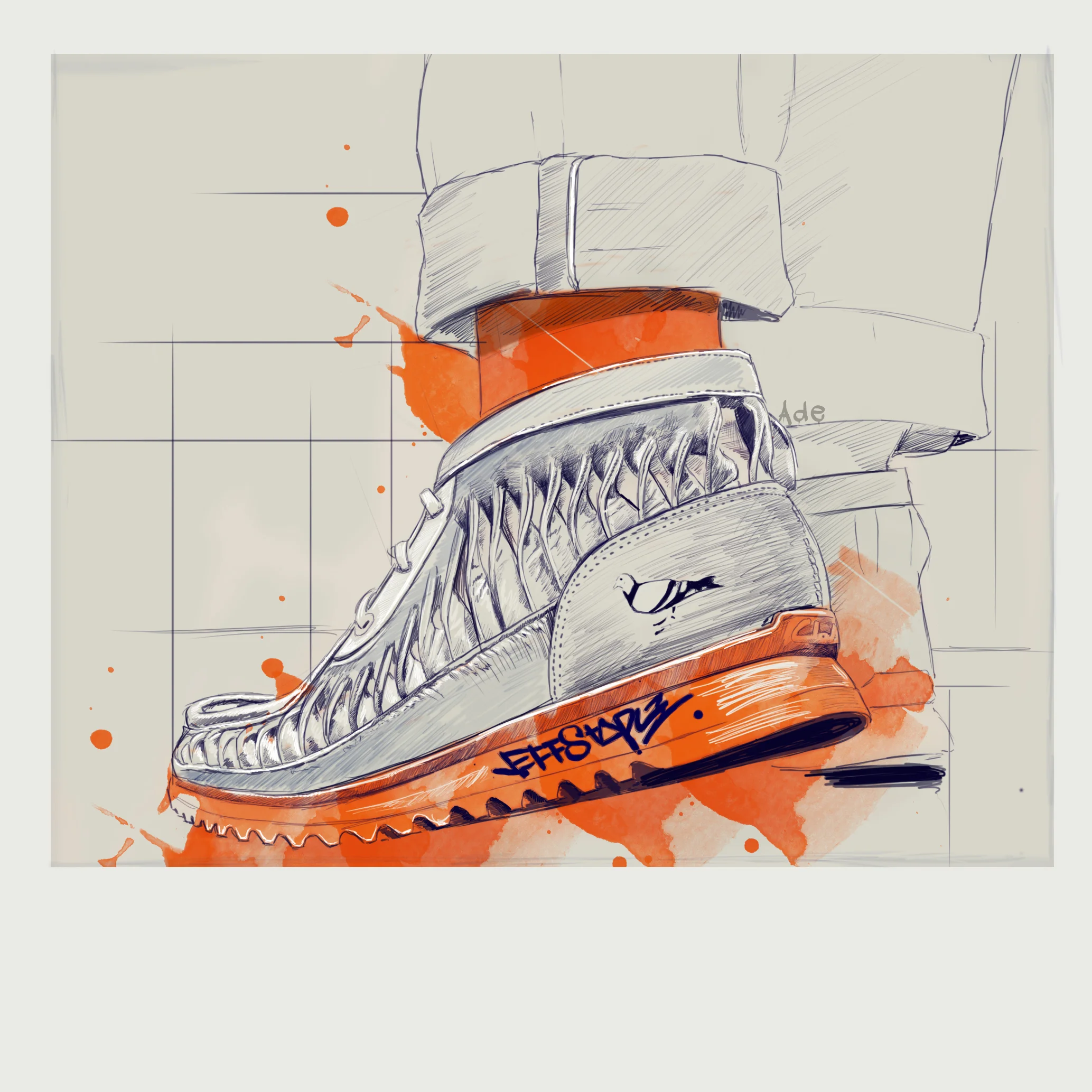 A digital illustration of a sneaker with a shoe partially off, revealing the inner side. The shoe is detailed with sketch-like lines and orange accents. There are orange paint splatters around the shoe, and graffiti-style text on the sole.