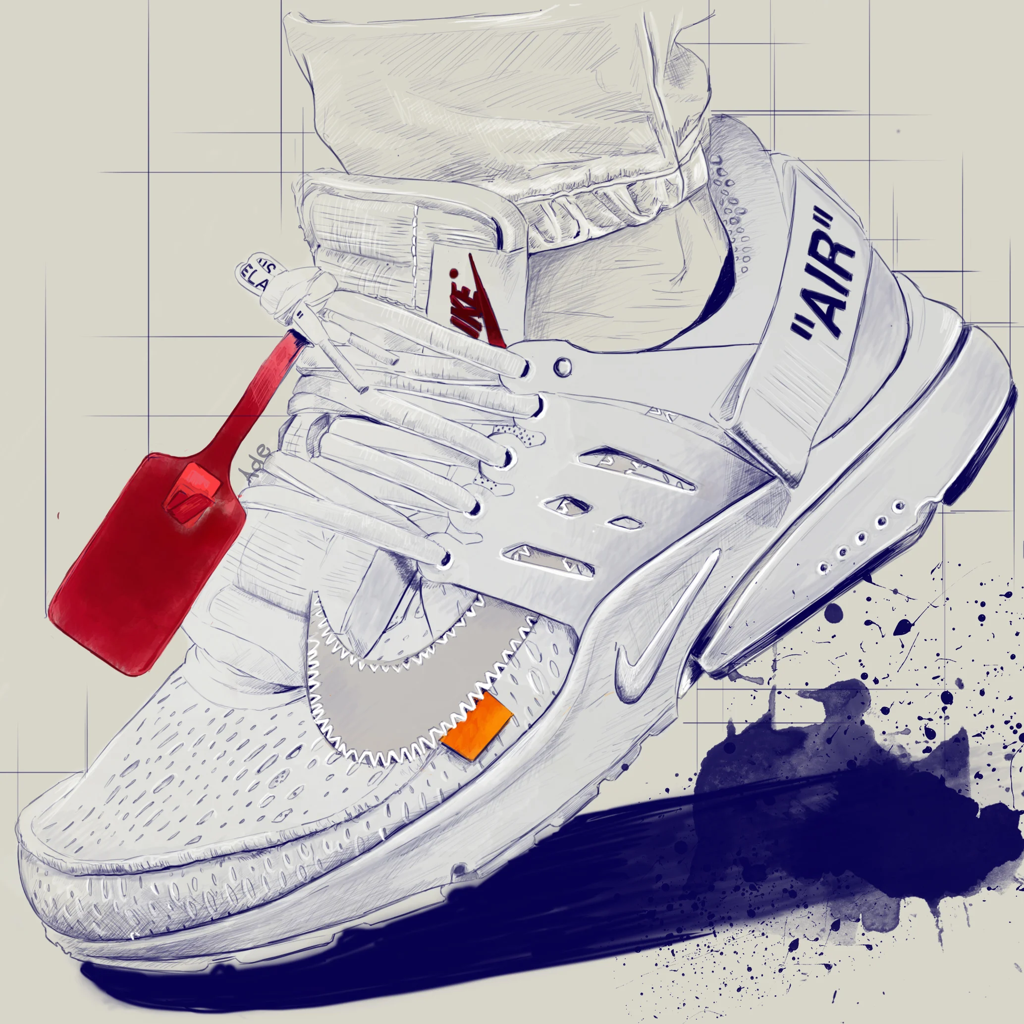 Illustration of a sneaker with various design elements and Nike branding, featuring a red tag attached to the laces and splashes of dark ink on the background.