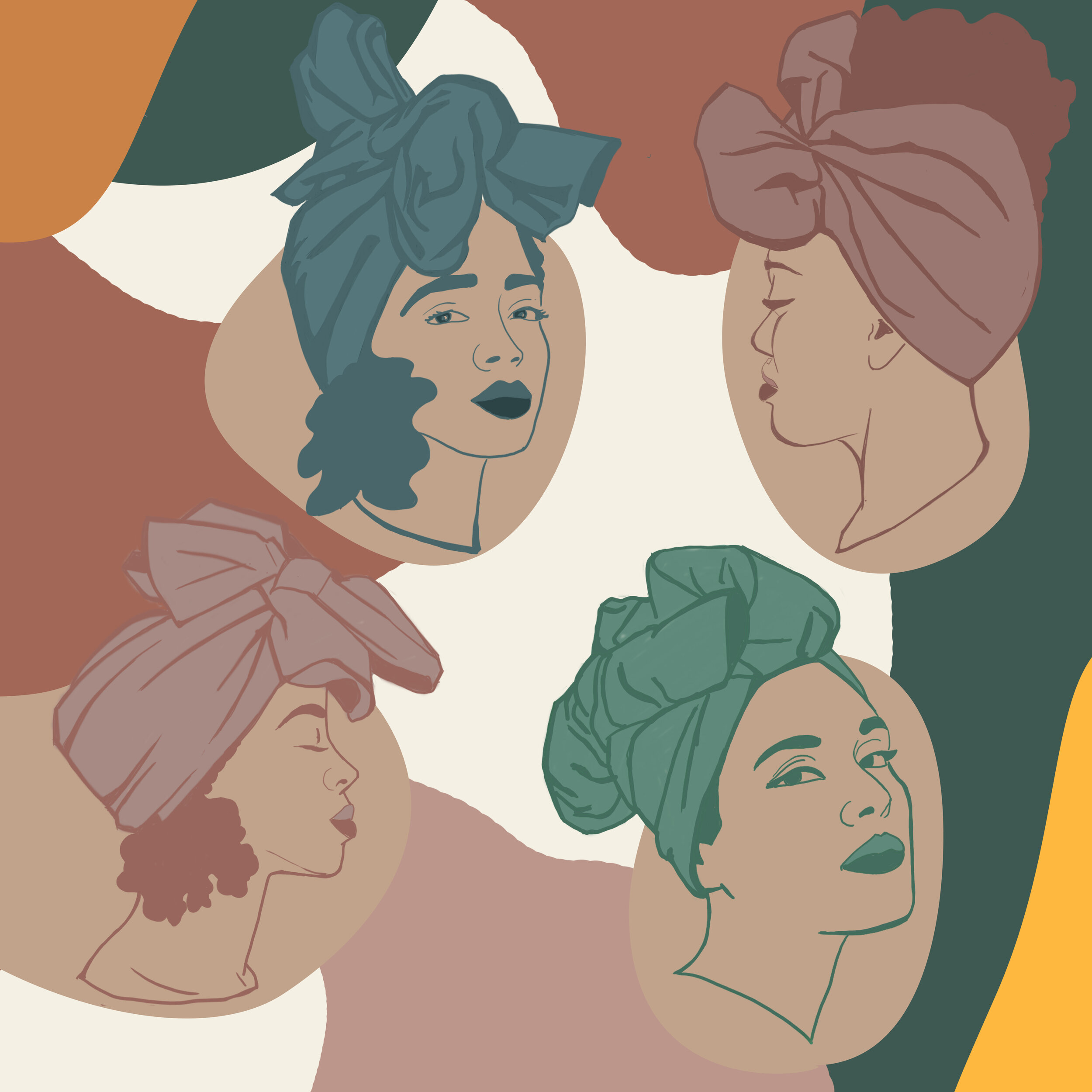 Illustration of four women with different hairstyles and headwraps, depicted in a minimalist, abstract style with neutral colors and bold lines.