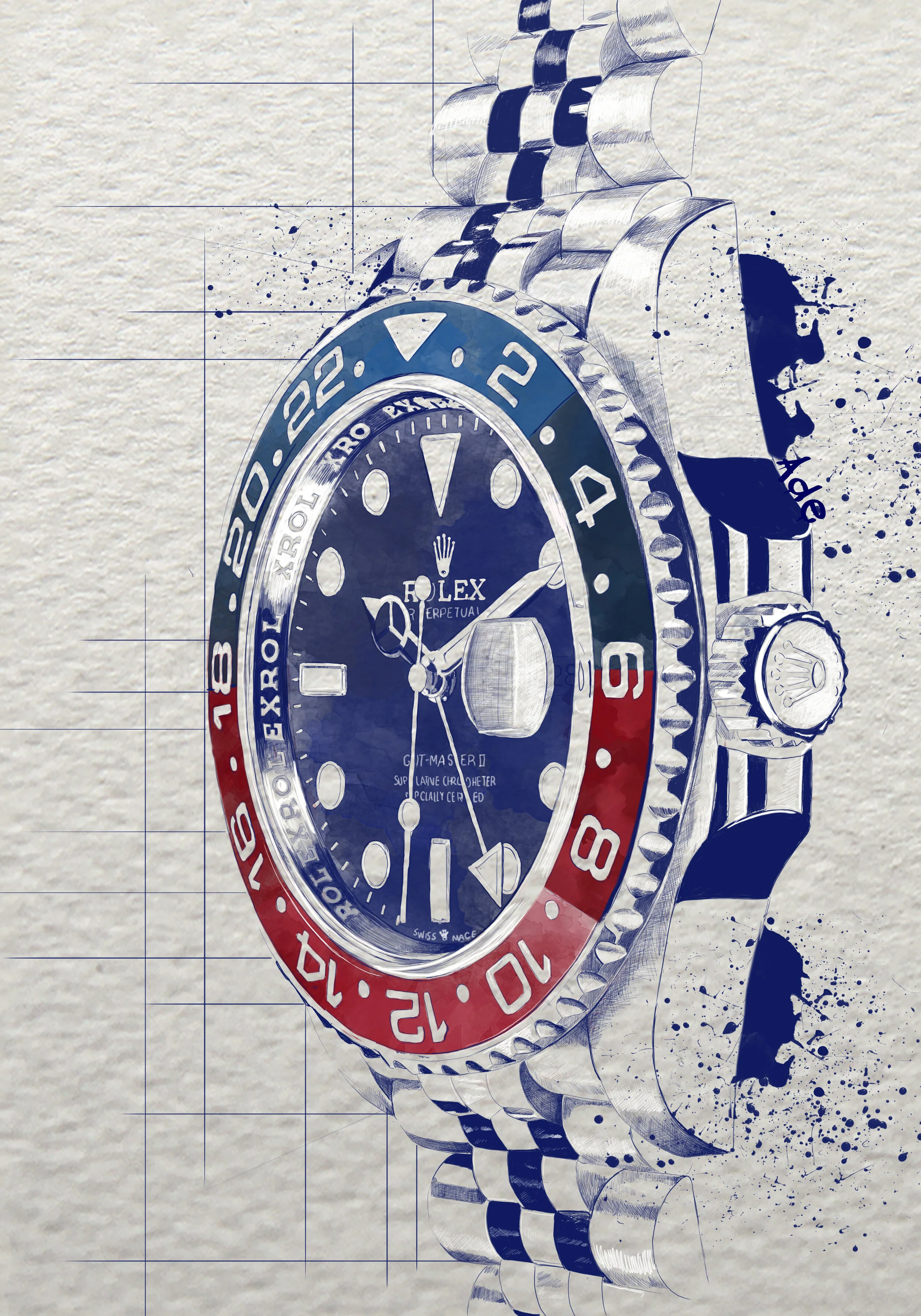 A detailed artistic illustration of a Rolex watch with a blue and red bezel, a dark blue dial, and a silver metal bracelet.