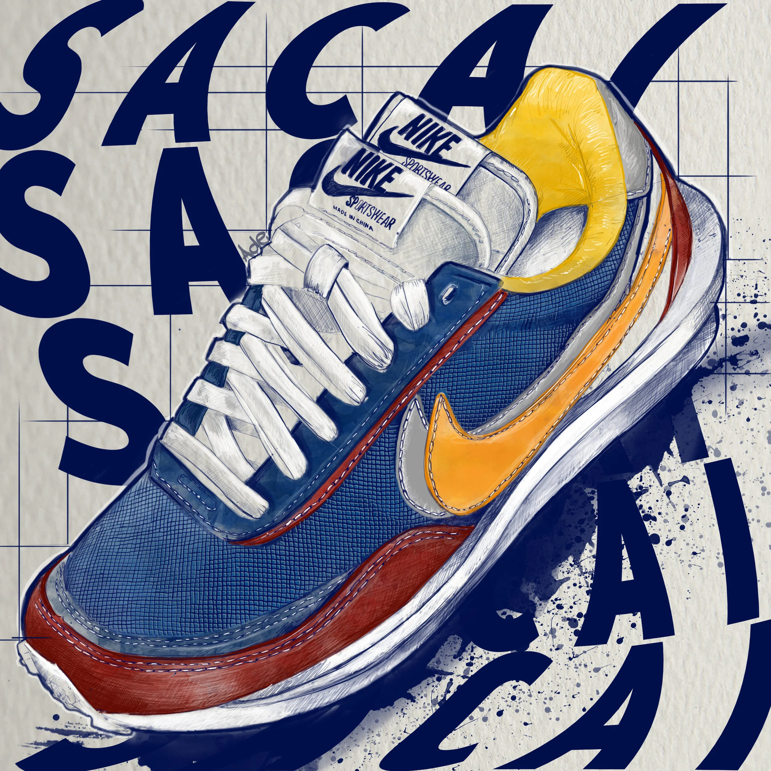 Illustration of a Nike sneaker with yellow, blue, red, and white colors, and the word 'SACAI' repeated in the background.