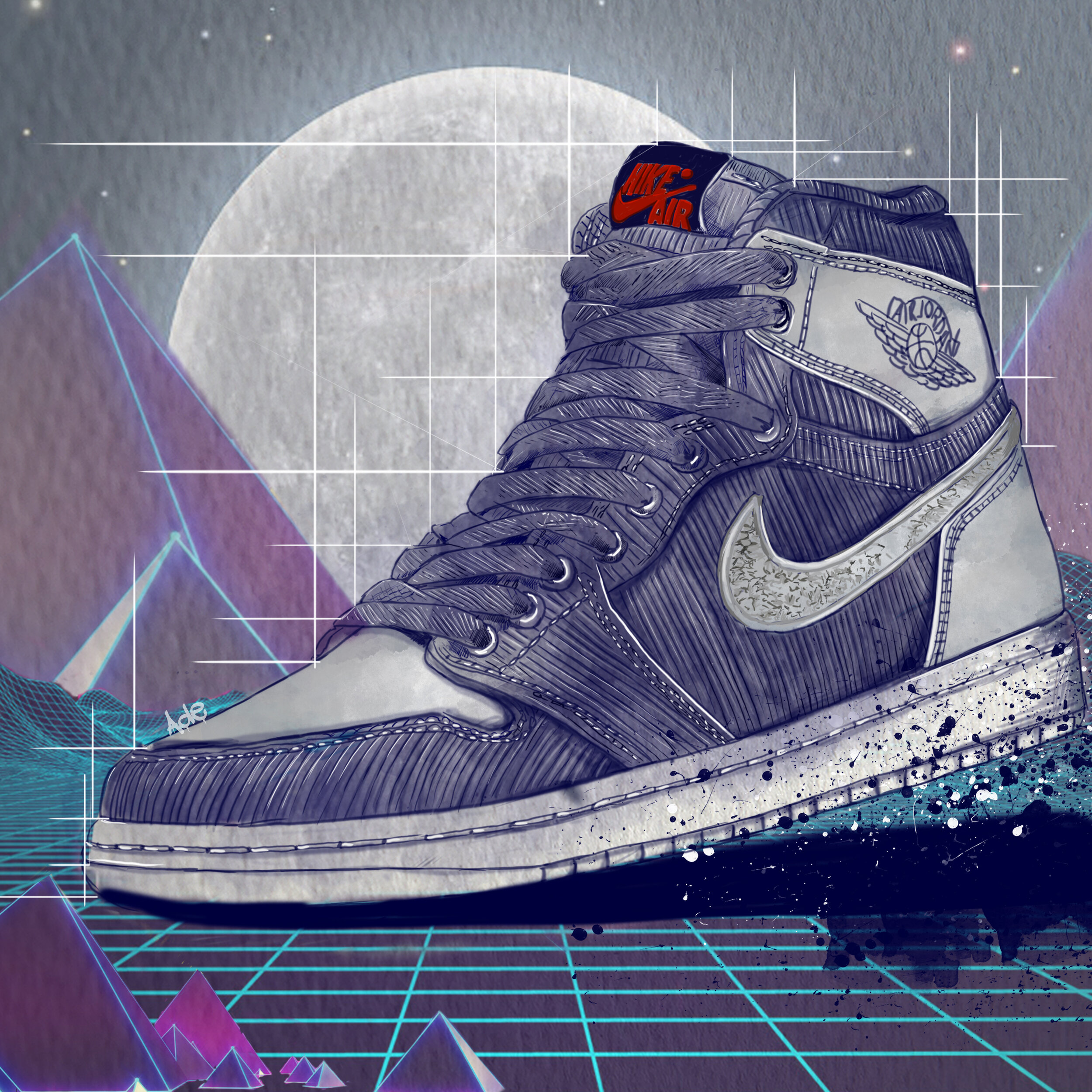 Digital illustration of a Nike Air Jordan sneaker with an 80s retro-futuristic, grid-style background and neon accents.