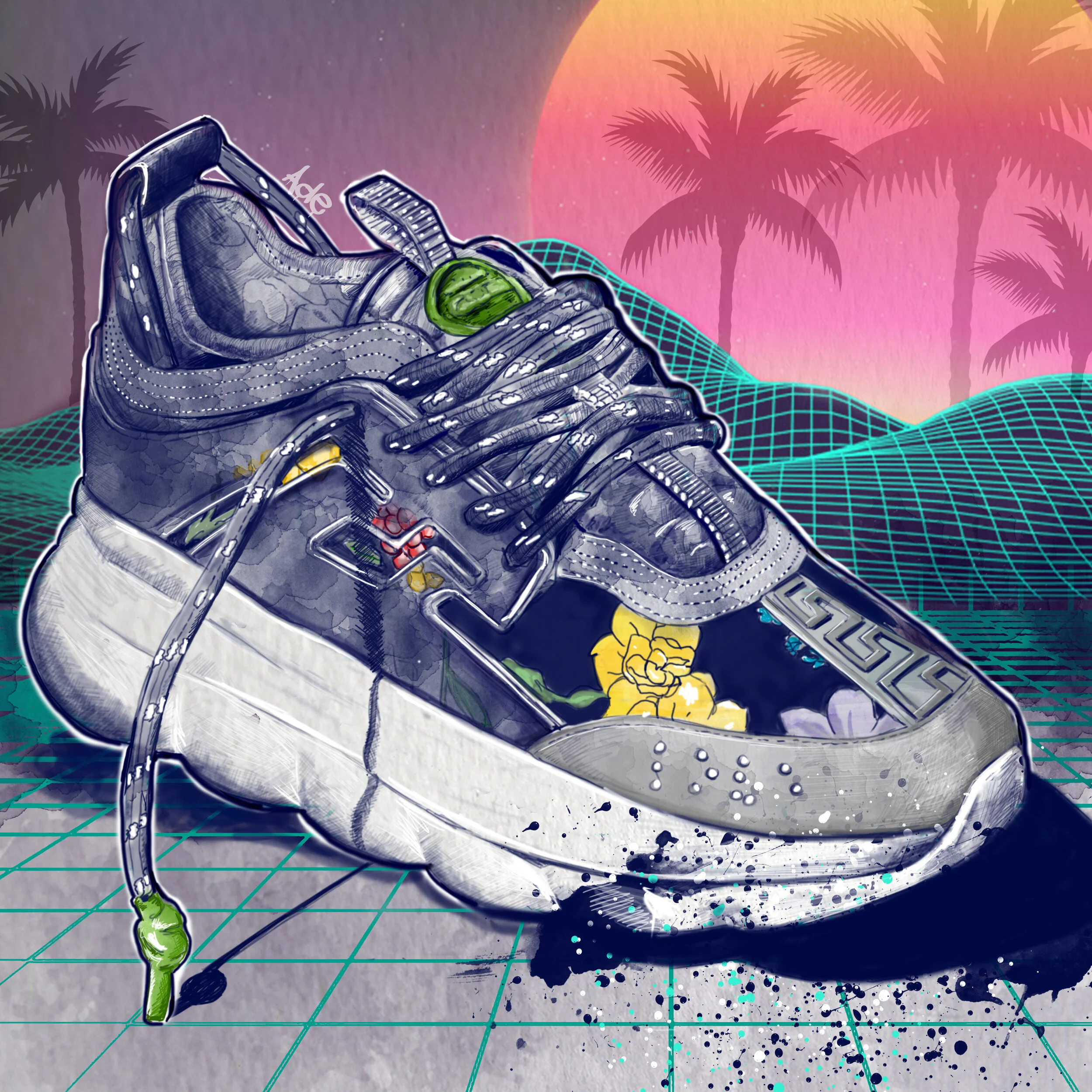 A stylized illustration of a sneaker Versace with floral and graffiti elements, set against a neon grid landscape with a sunset and palm trees in the background.
