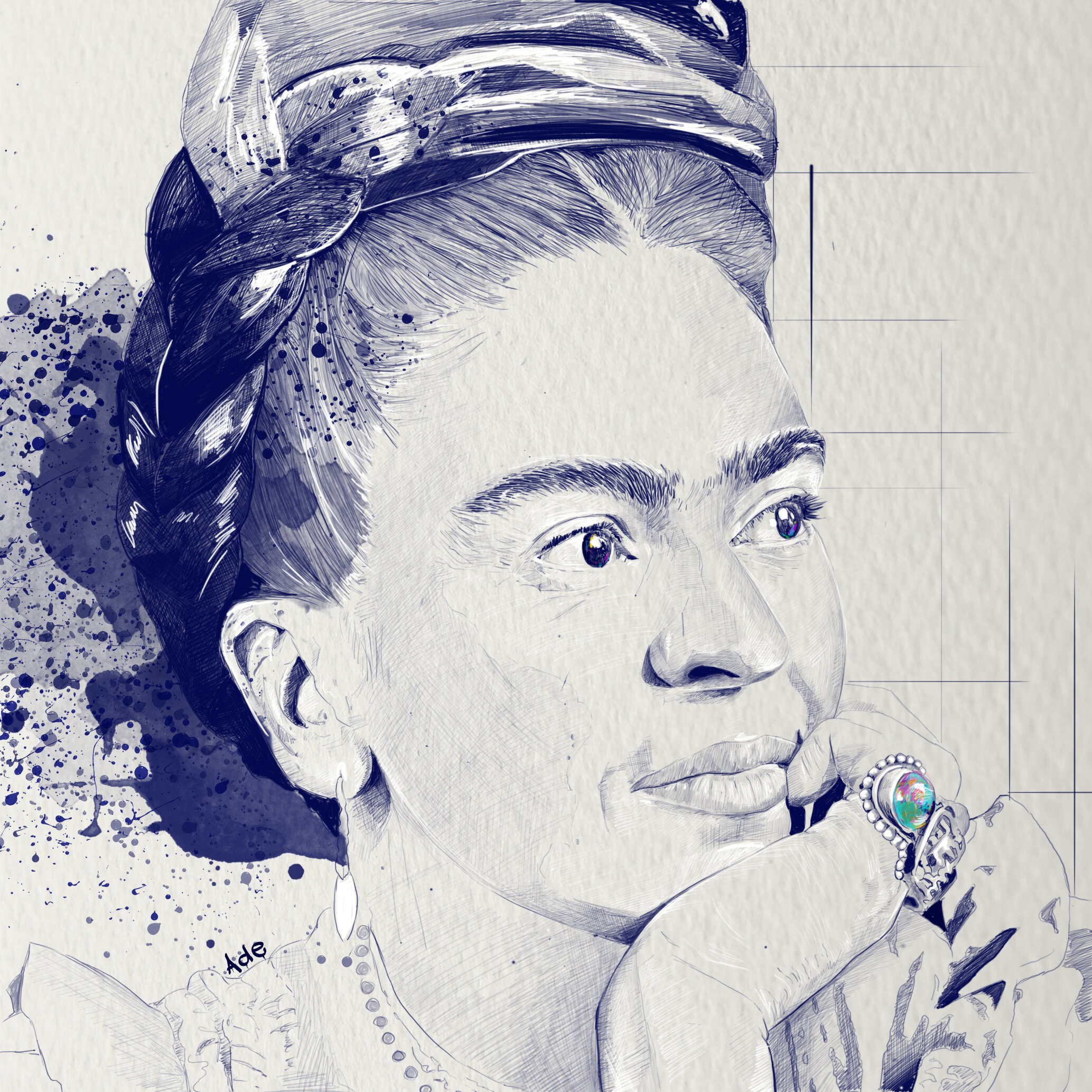 Artistic sketch of a woman with braided hair, wearing a ring and earrings, with her hand resting on her chin.