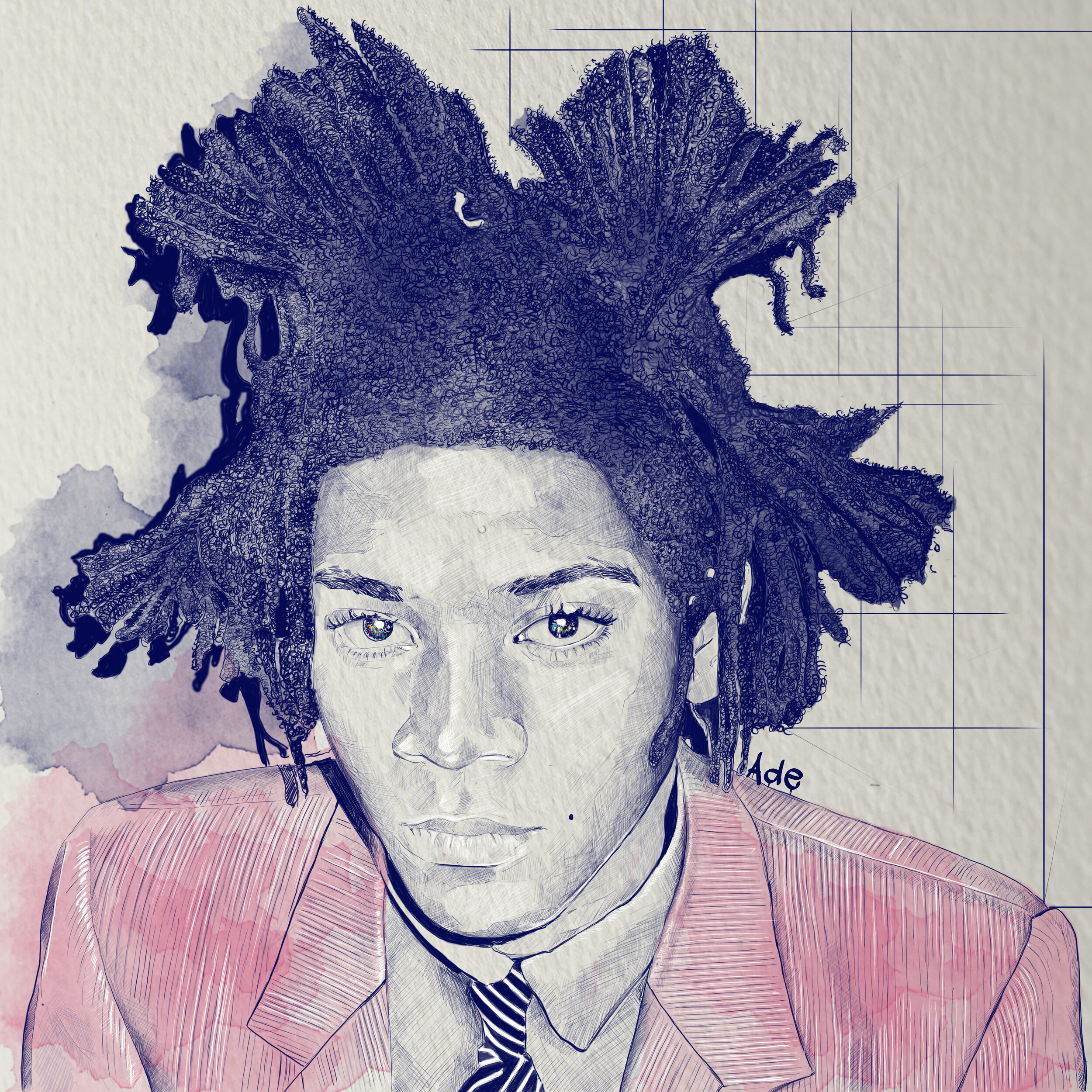 A sketched portrait of a woman with natural, textured hair, wearing a blazer and striped tie, with a lightly colored watercolor background.