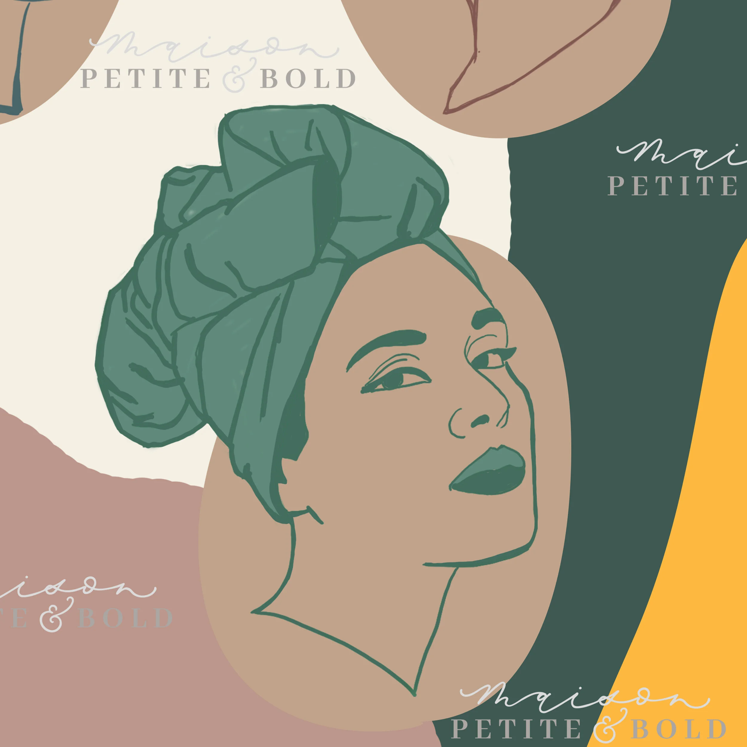 Stylized illustration of a woman with a headwrap, featuring the words 'maison PETITE & BOLD' in a modern, abstract background.