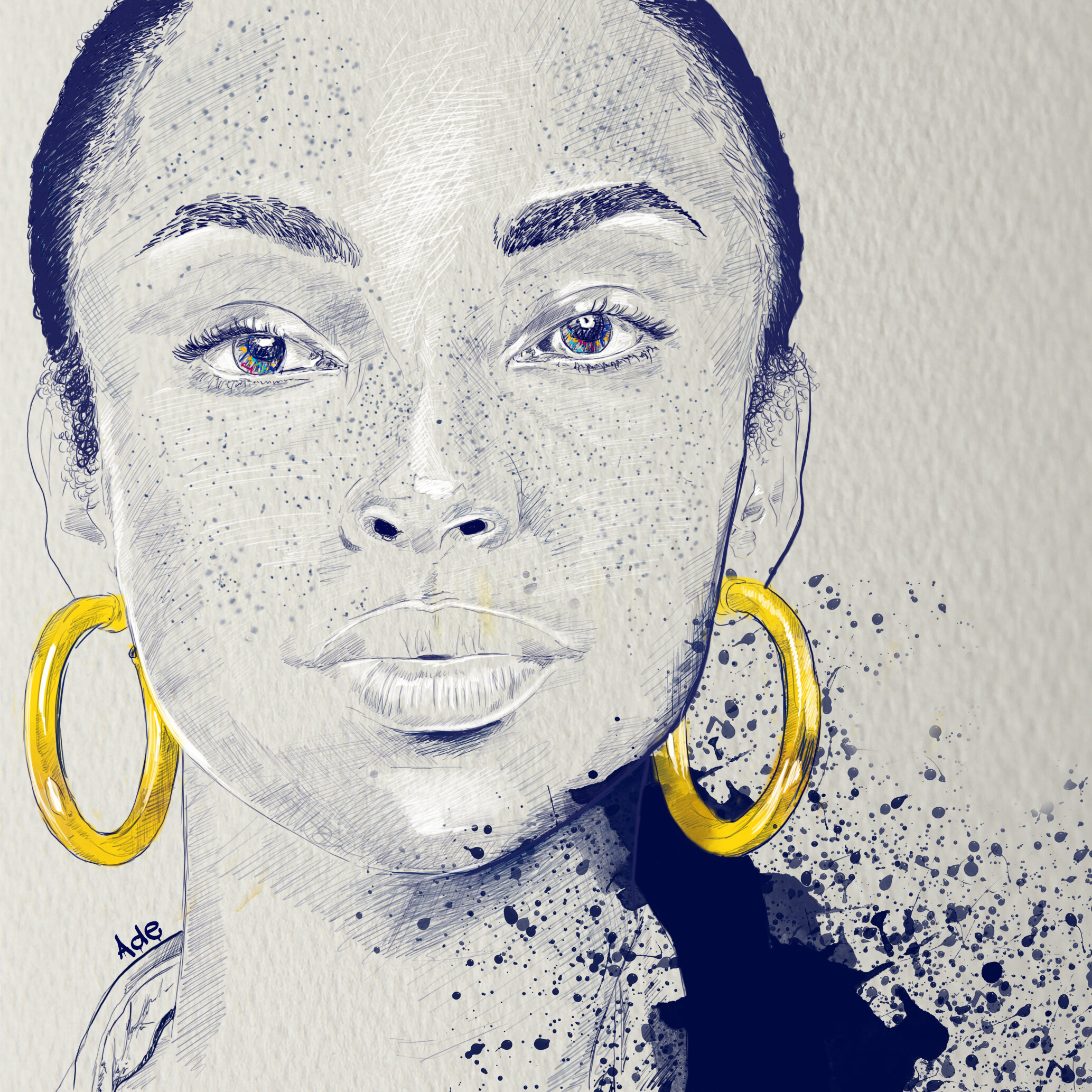 Stylized portrait of a woman with dark hair, large gold hoop earrings, and painted eyes. The art combines realistic features with sketch-like lines and splashes of black and yellow paint.