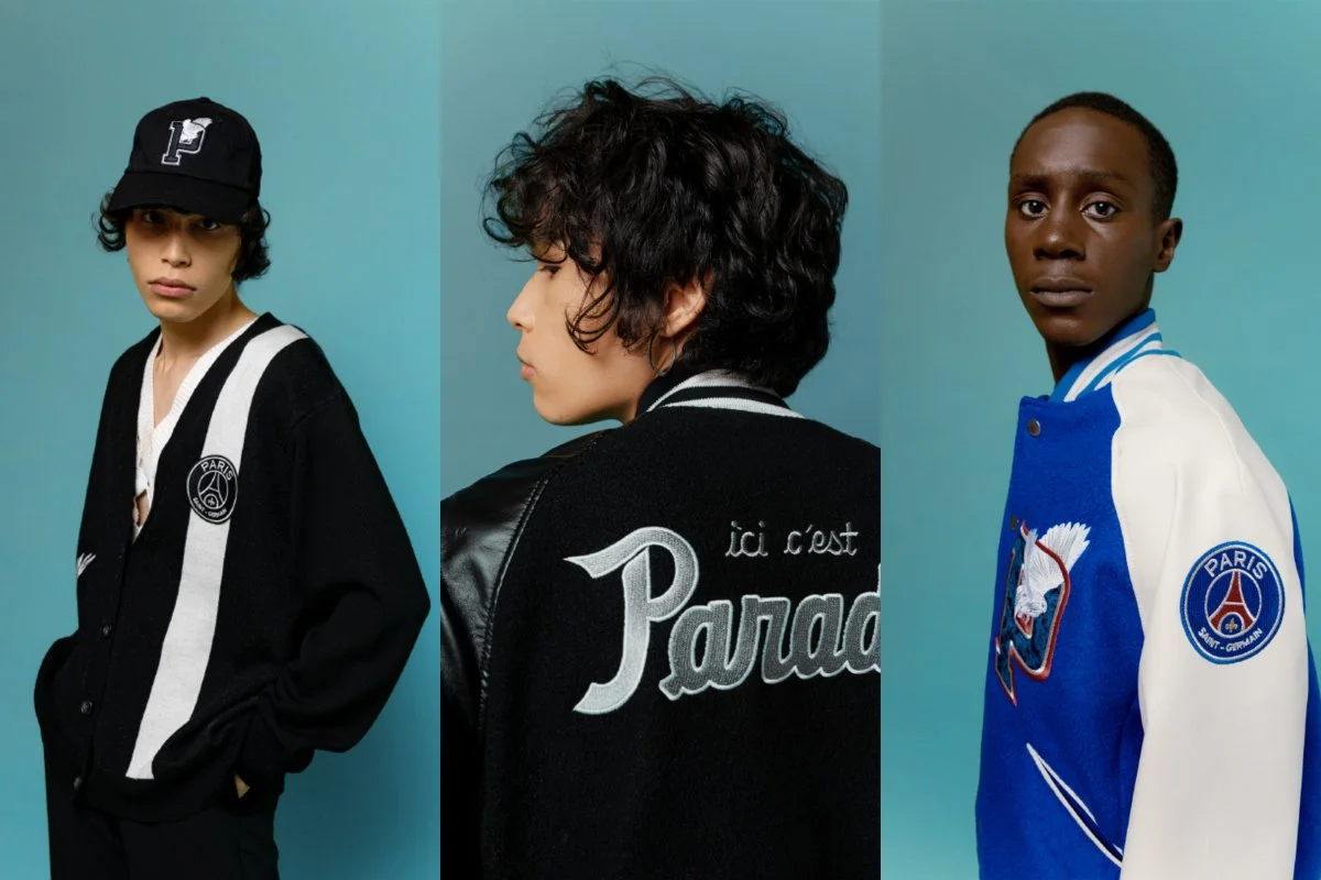 Three young models wearing Paris Saint-Germain jackets and accessories posed against a blue background.3PARADIS, PSG, Graphic design