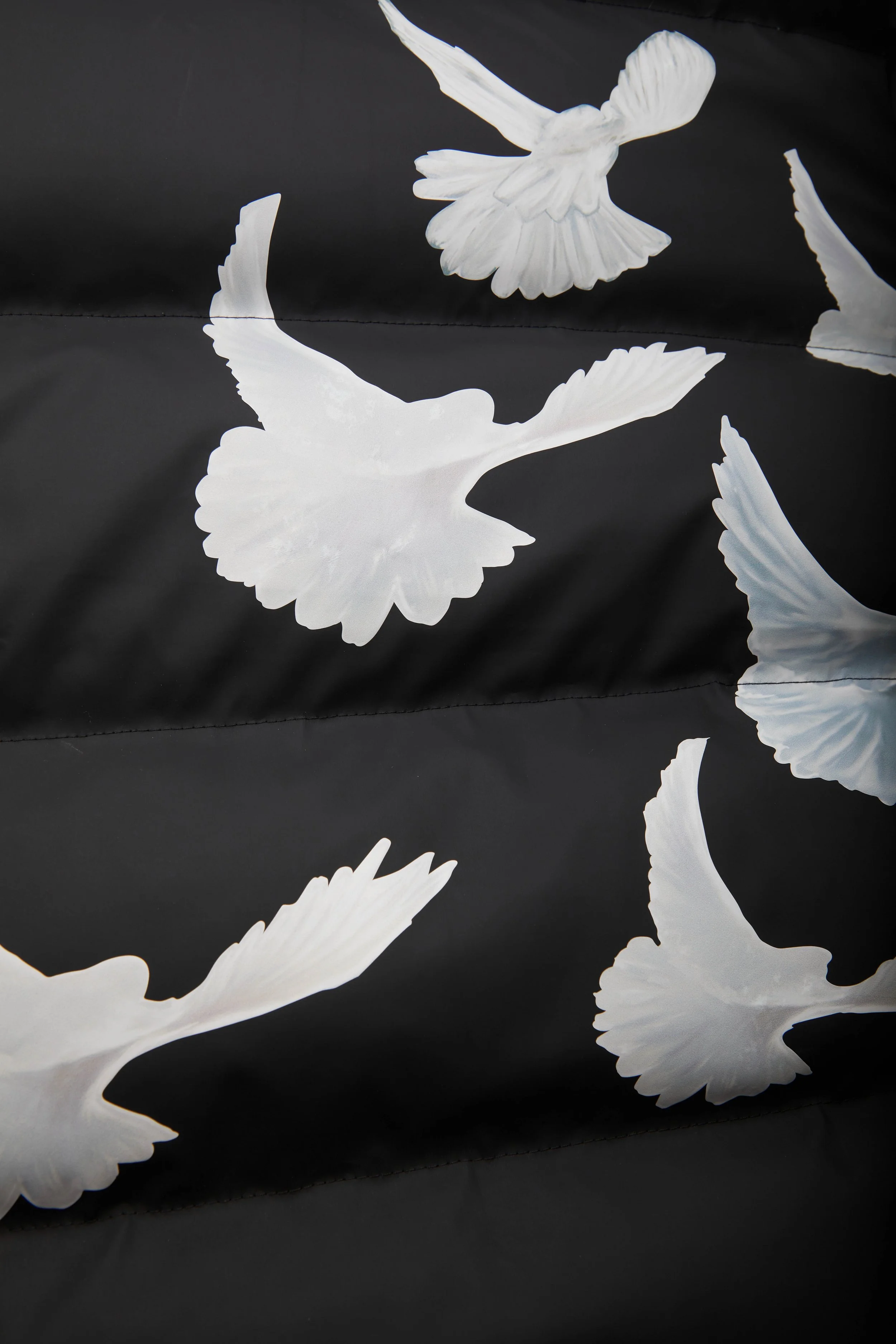 White doves flying on a black background, pattern design.
