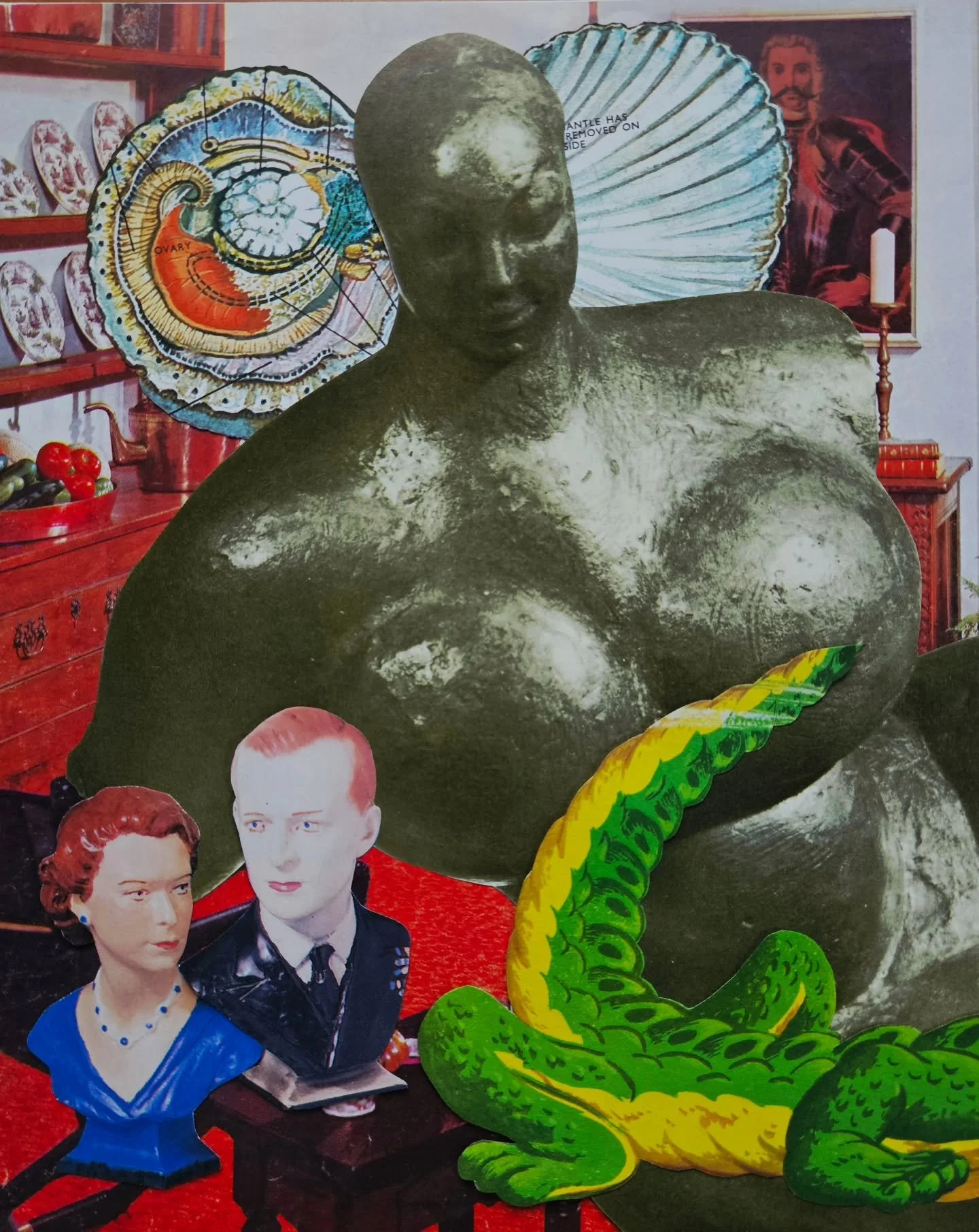 This isn't glued down yet, but it's probably ready to serve as my demo collage at Saturday's collage workshop. 

I show everyone how I put a collage together, and I talk about the various glues I have on the table and what's best to use with the vari