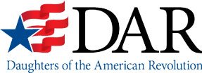 Logo of DAR, Daughters of the American Revolution, featuring a blue star with red stripes and the text 'DAR' with the tagline 'Daughters of the American Revolution' below.