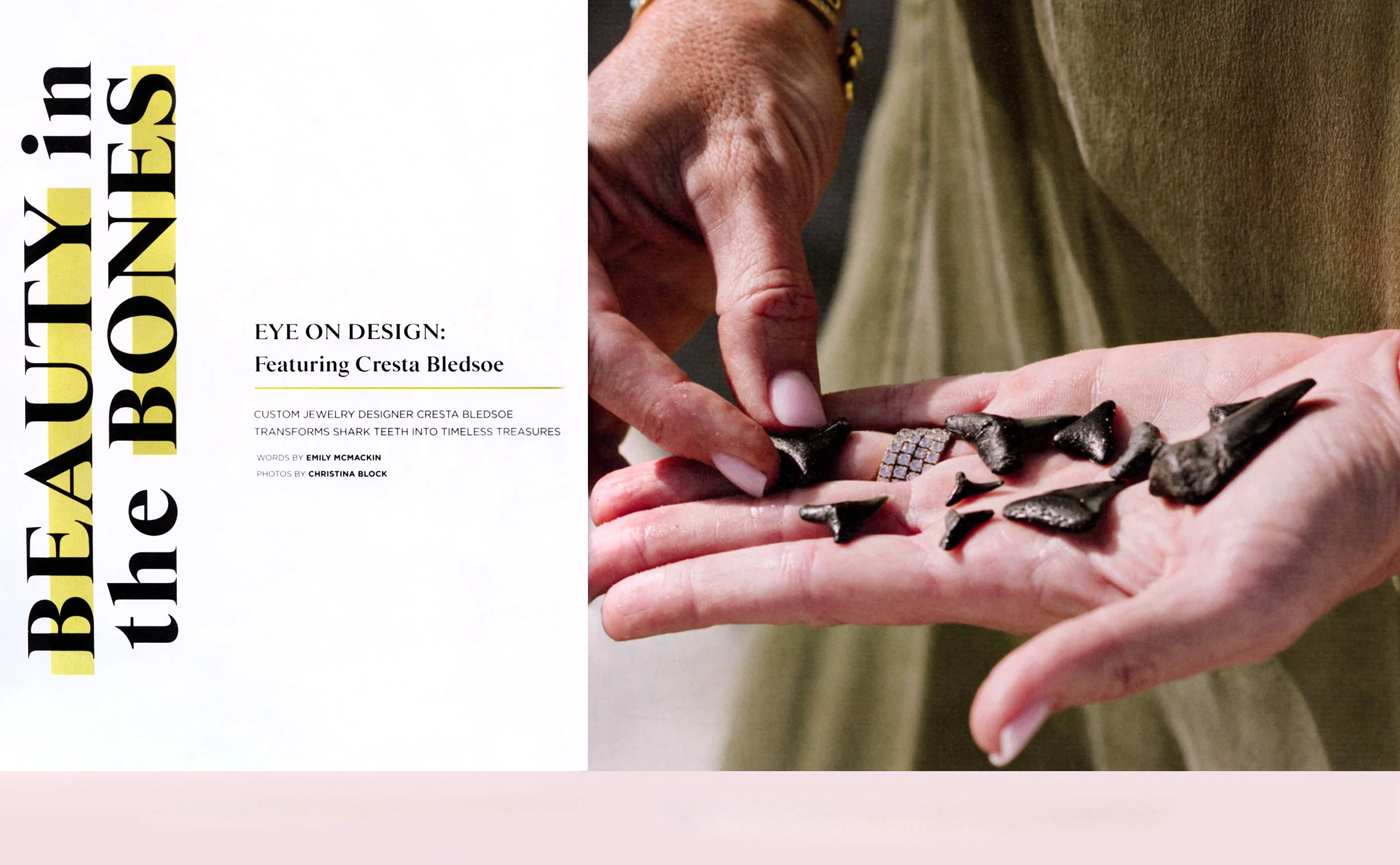 A magazine page featuring an article titled 'EARTHLY IDEAS in the Wilderness' with a photograph of a person's hands holding small black rocks in front of a brownish background.