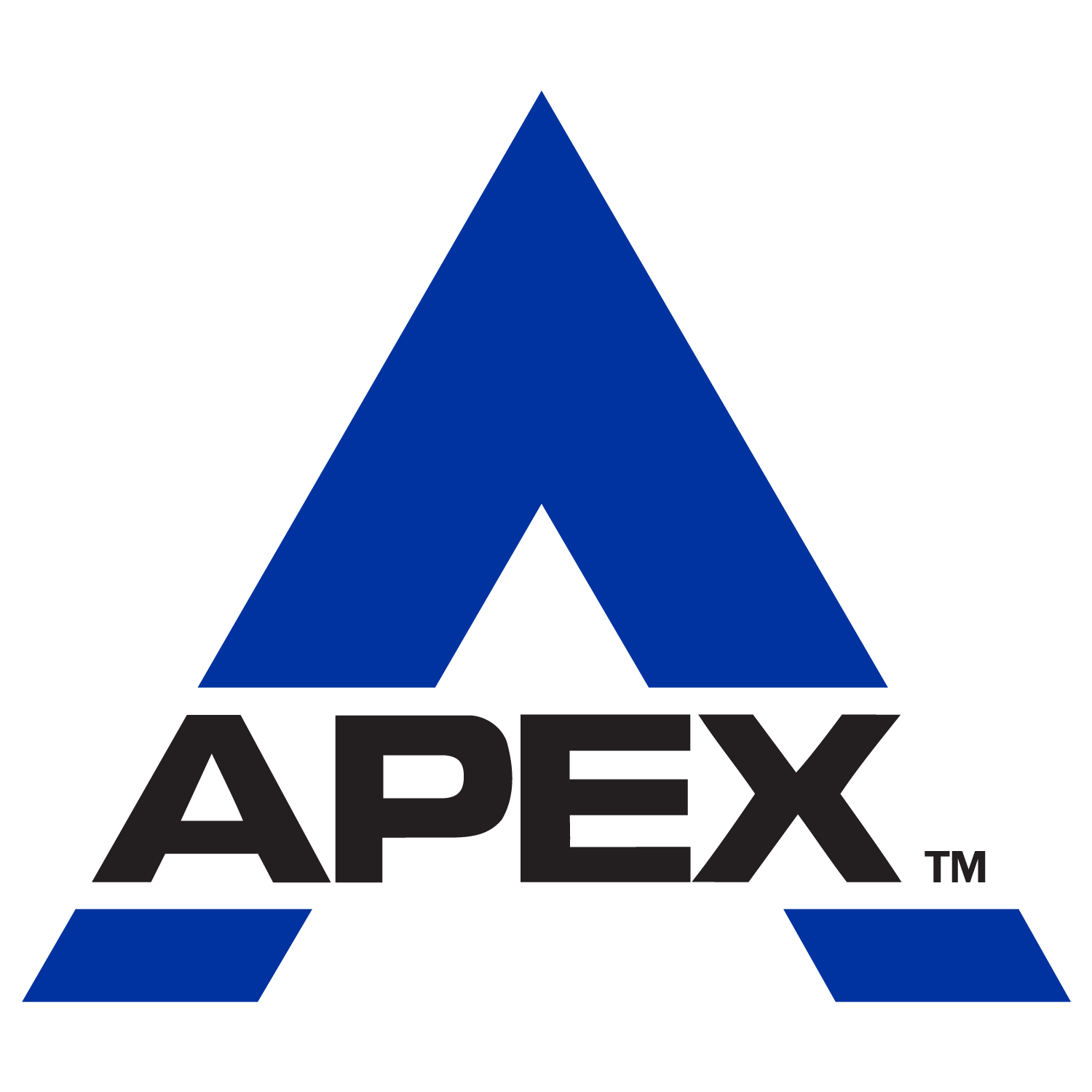 The Apex Legends logo featuring a large stylized letter 'A' in blue with black edges, and the word 'APEX' in black capital letters below.