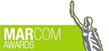 Marcom Awards logo with a silver trophy statue and green background.