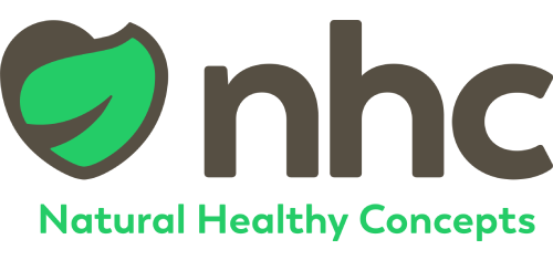 NHC logo featuring a green leaf inside a black heart, with the words "nhc" and "Natural Healthy Concepts" below.