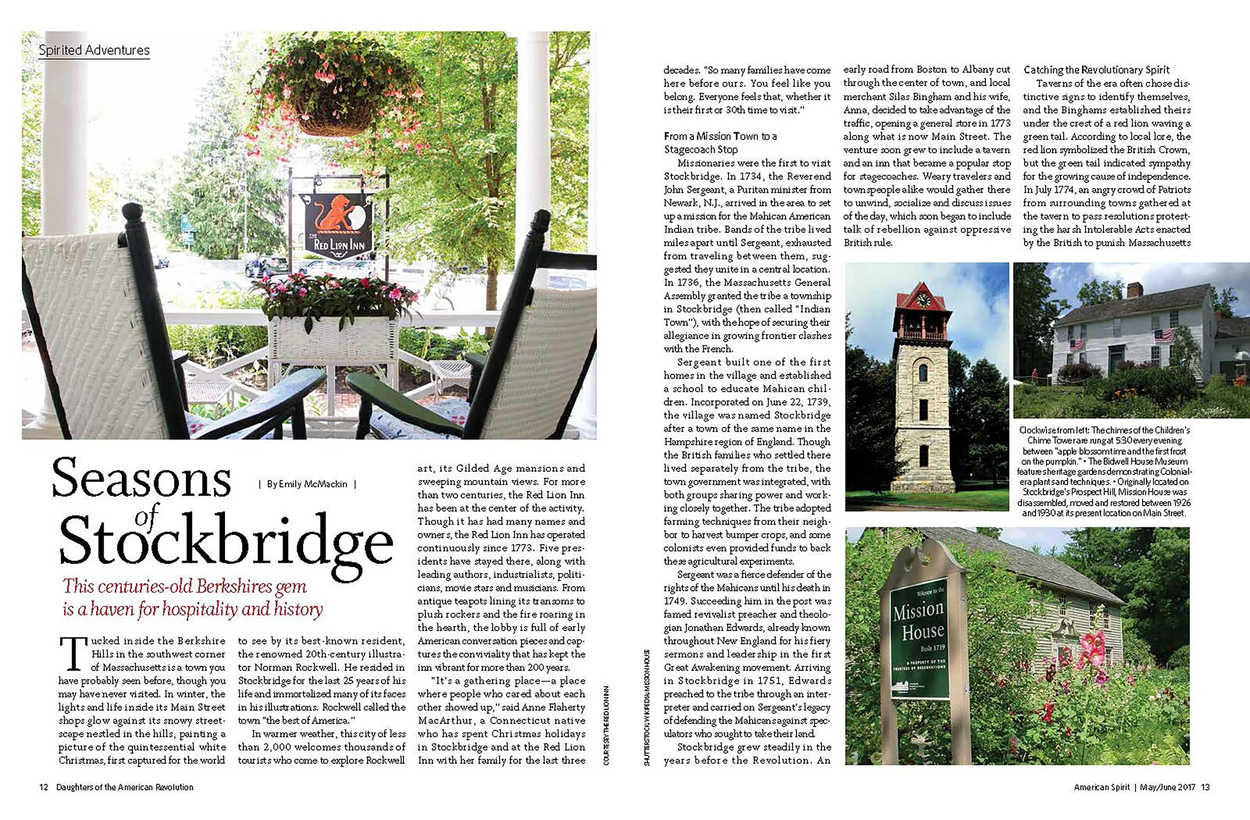 Open magazine spread featuring historical images of Stockbridge, Massachusetts, including a clock tower, a house with American flags, and the Children’s Chimney Tower with blooming flowers.
