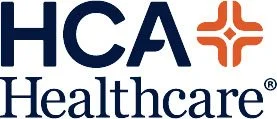 HCA Healthcare logo with blue text and an orange cross symbol.