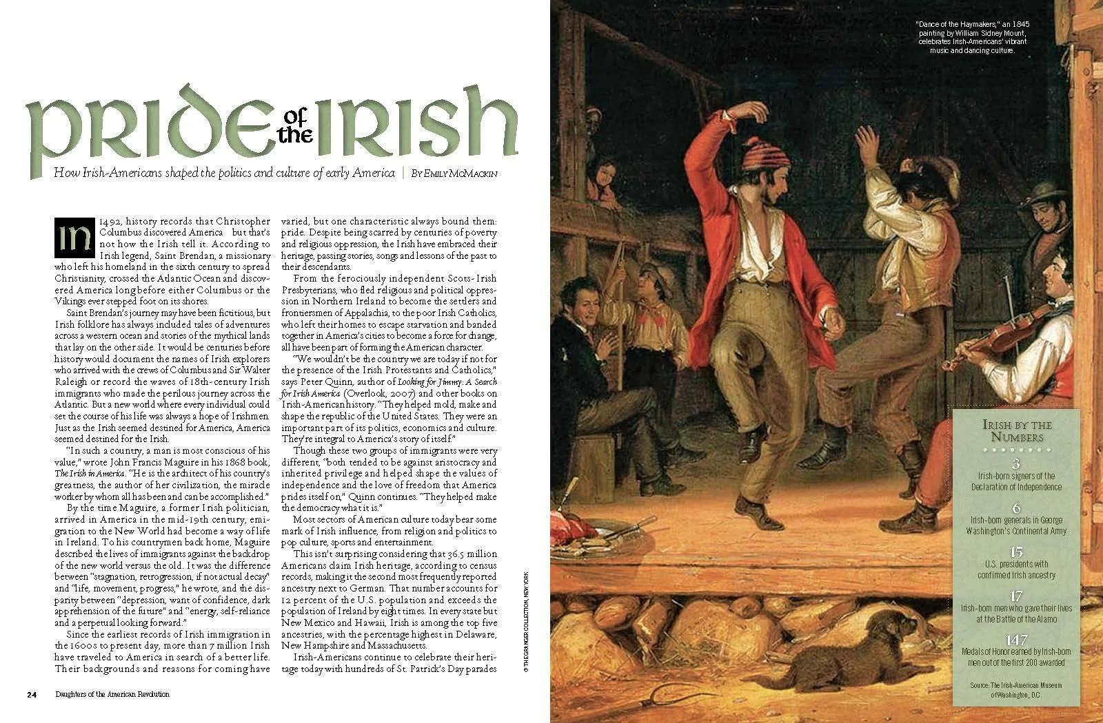 Illustration of Irish immigrants celebrating St. Patrick's Day with music, dancing, and festive attire inside a rustic wooden building.