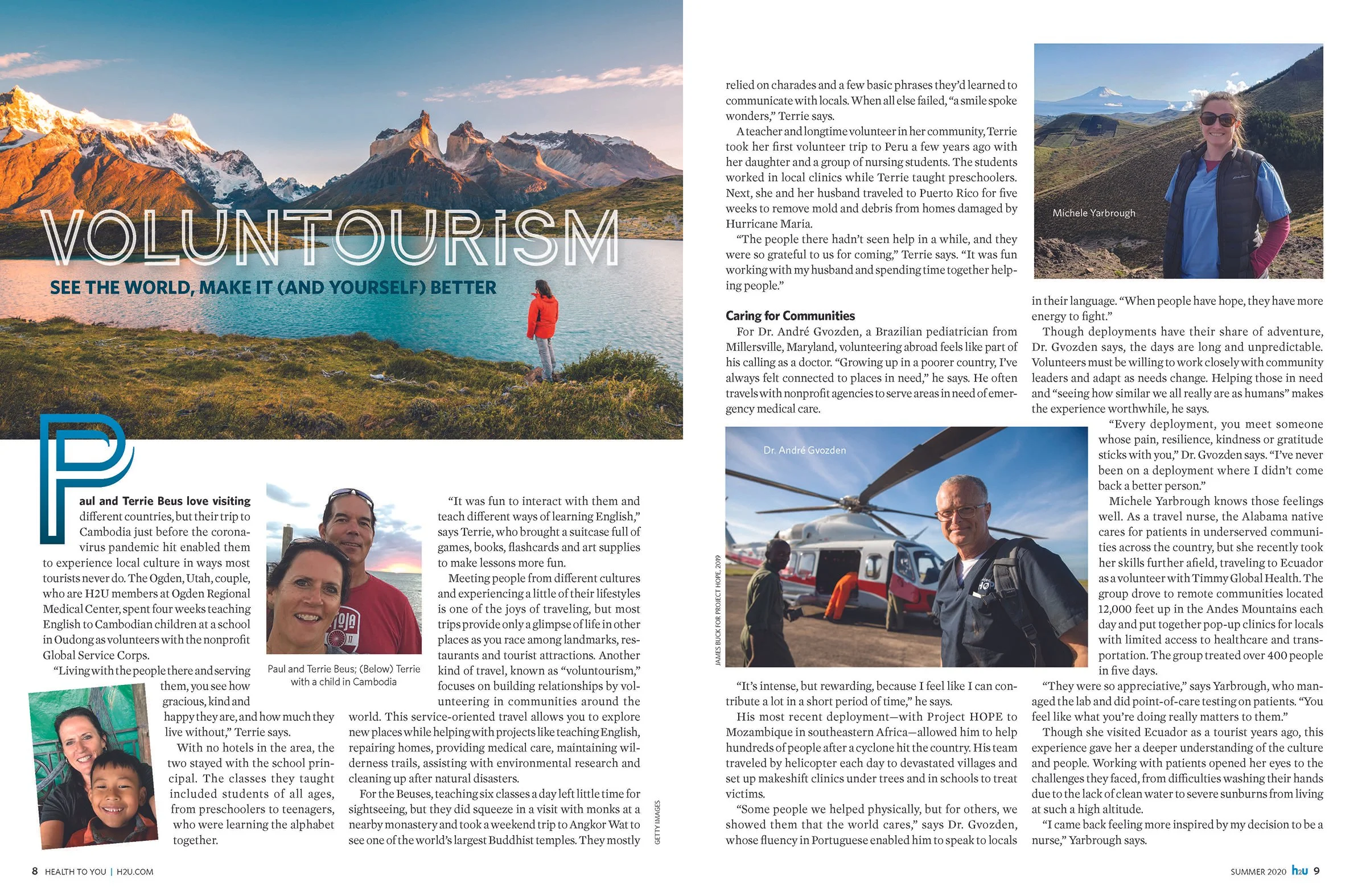 Two-page magazine spread featuring images of mountains, a woman in outdoor gear, a helicopter, and a group of people. The main article discusses volunteer tourism and international community service projects.