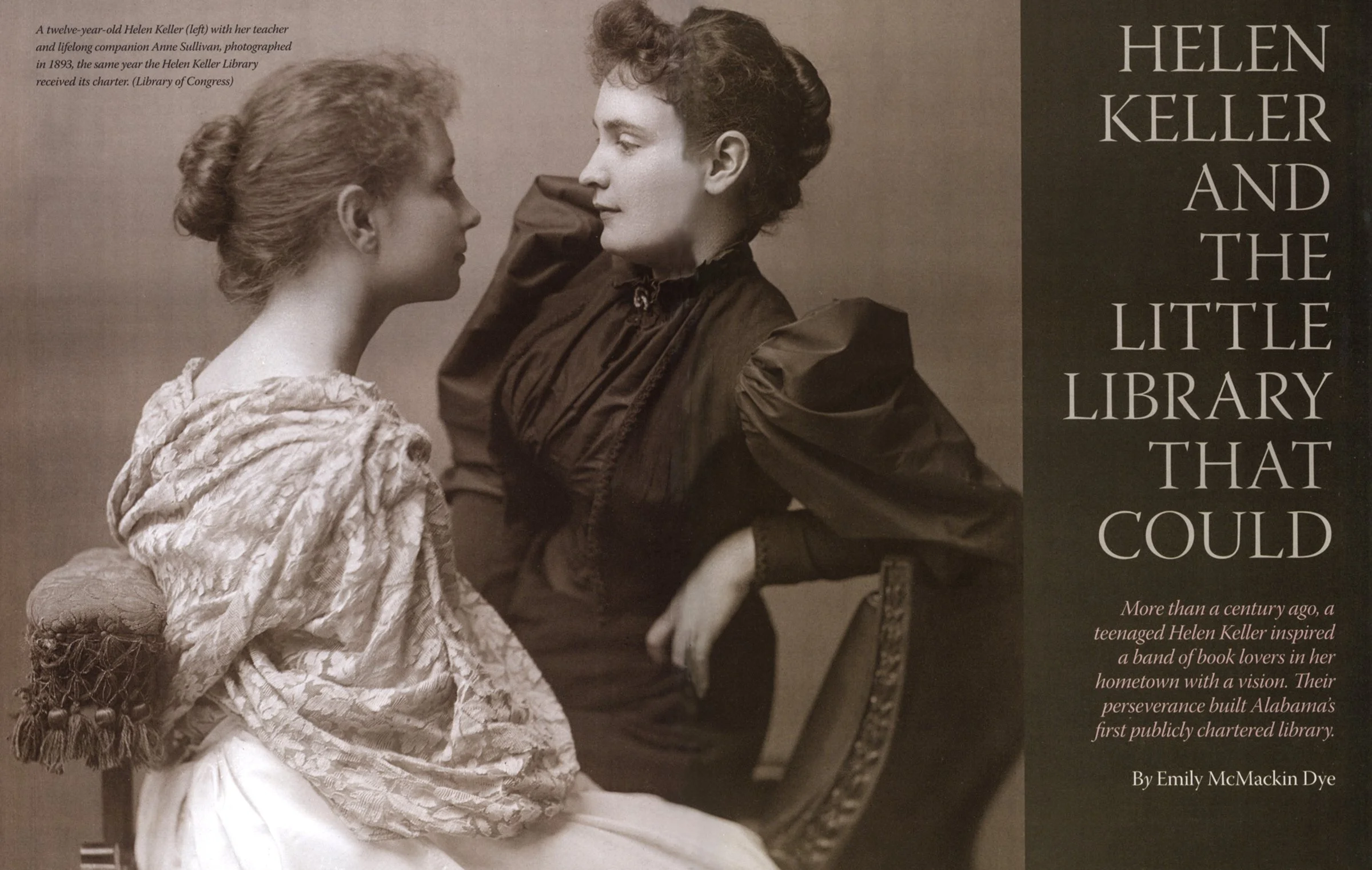 A vintage black and white photograph of a young girl named Helen Keller with her teacher, Anne Sullivan, looking into her eyes. Helen Keller is wearing a lace dress with puffy sleeves, and Anne Sullivan is dressed in a dark blouse with puffed sleeves, with her hair styled up.