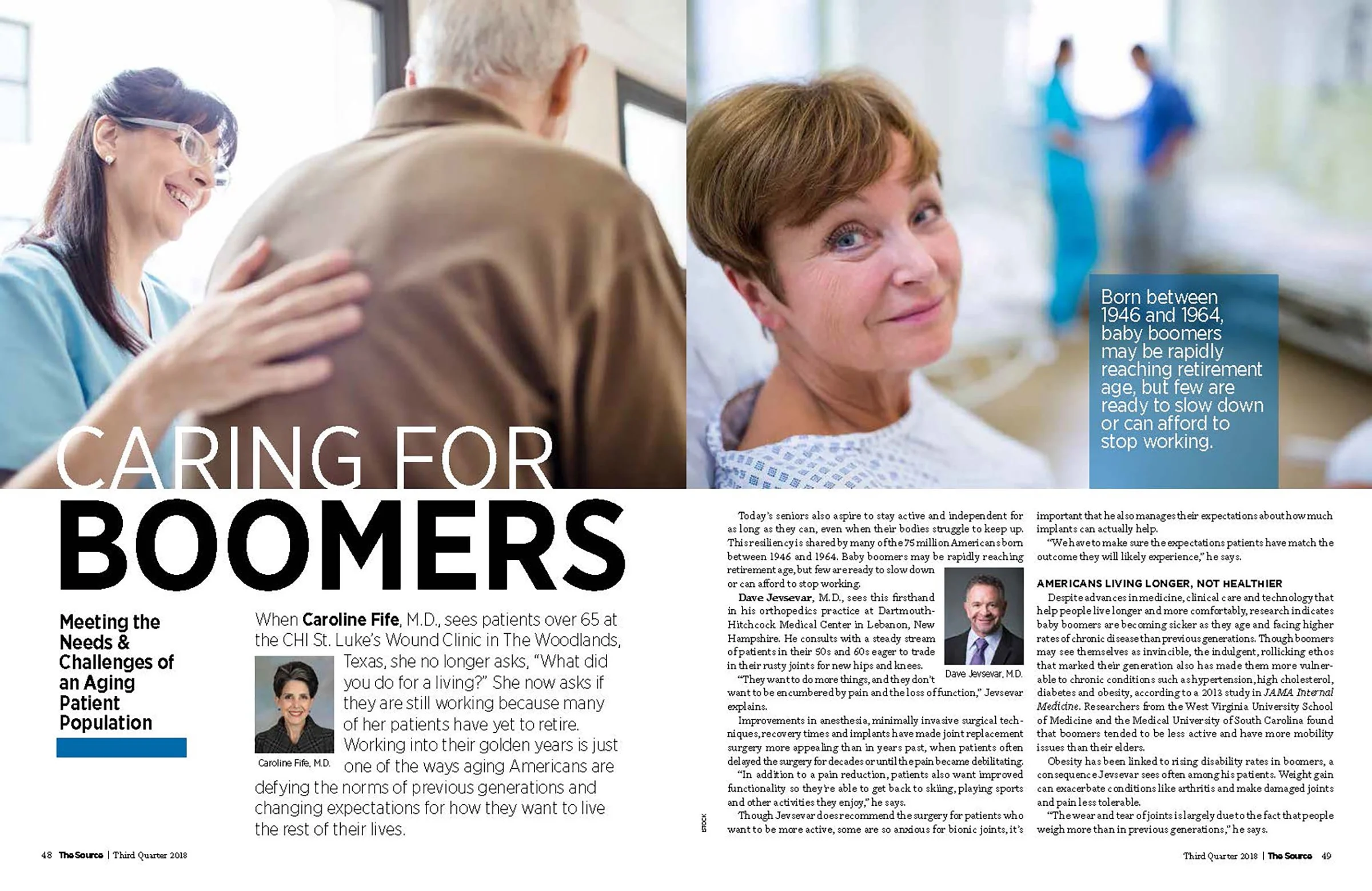 An article about caring for baby boomers, featuring images of healthcare professionals and seniors, with text discussing aging, health, and longevity.