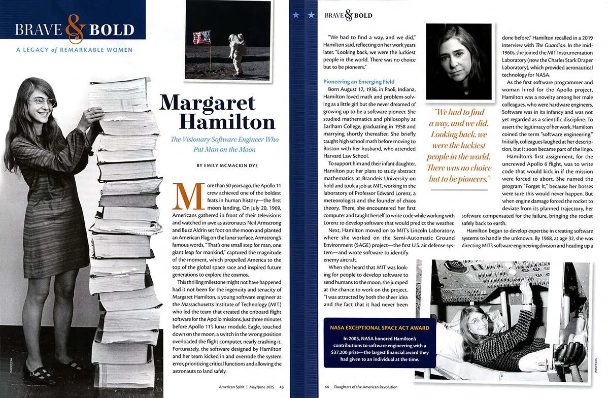 Black and white magazine spread featuring Margaret Hamilton, a woman in a dress and glasses, standing next to a stack of papers and a portrait of her in a space suit on the left. The right side has multiple text sections, a quote in orange, and a portrait of her as a NASA engineer. The page is titled "Brave & Bold: A Legacy of Remarkable Women."