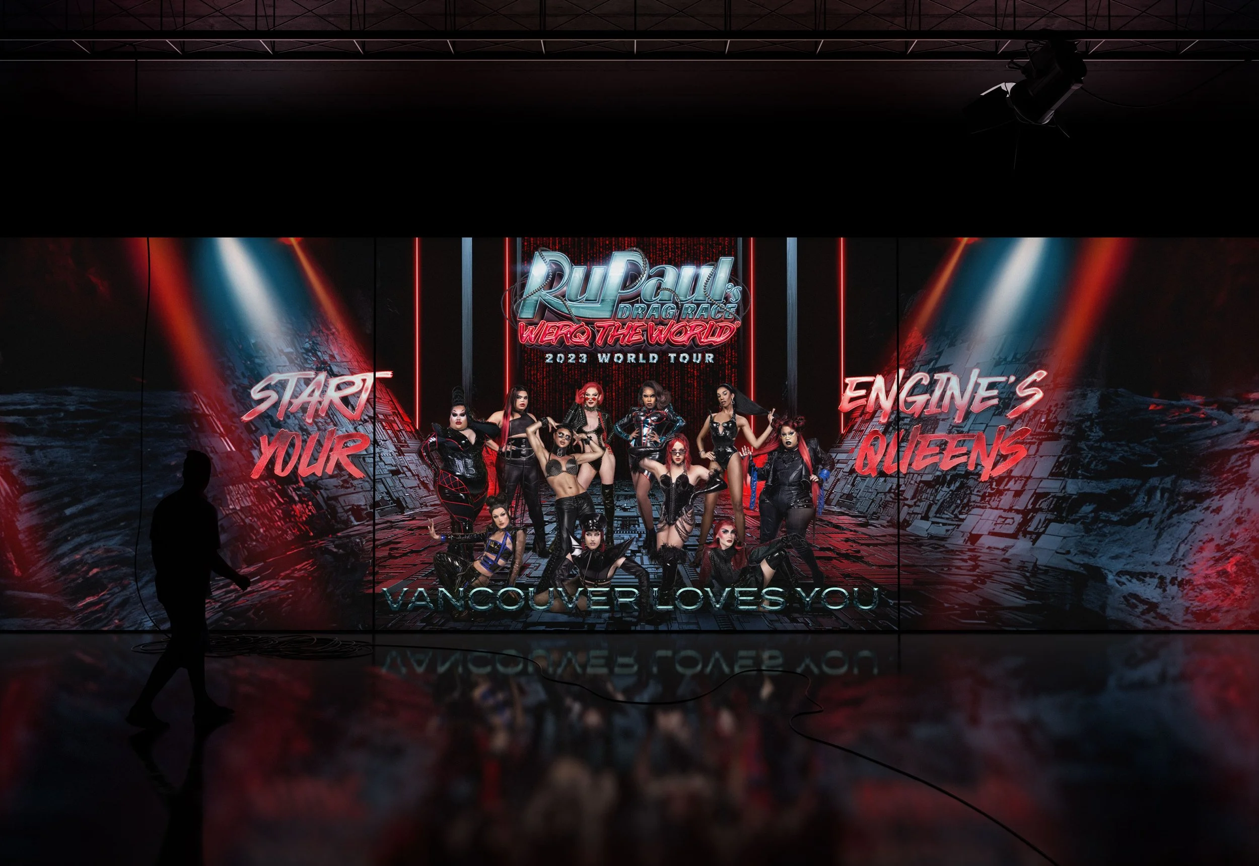 Poster for RuPaul's Drag Race Werq the World 2023 World Tour featuring drag performers in bold outfits with text "Start Your Engines Queens" and "Vancouver Loves You."
