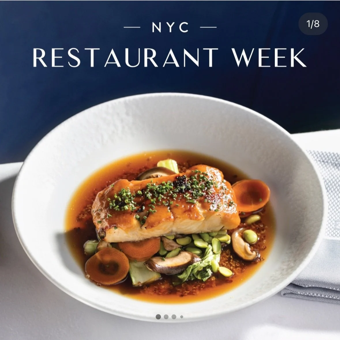 Gourmet salmon dish with vegetables and sauce, NYC Restaurant Week promotion.