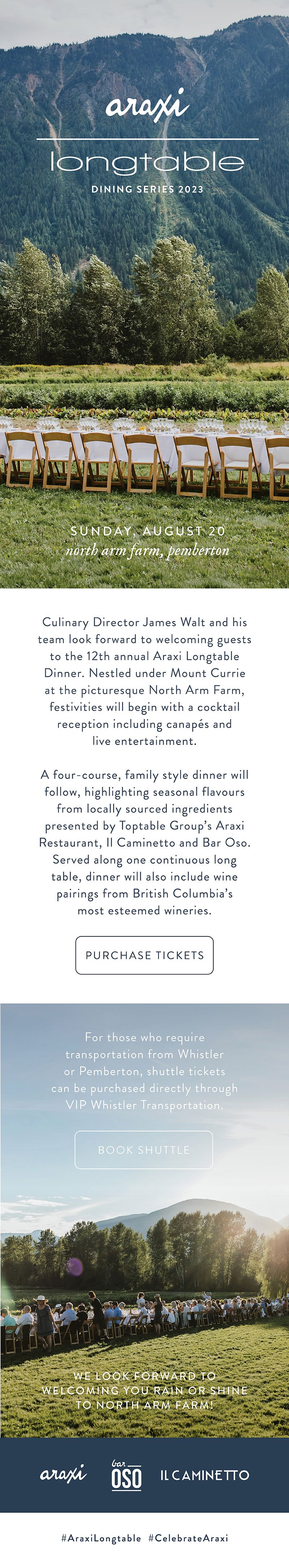 Promotional flyer for Araxi Longtable Dining Series 2023 at North Arm Farm, Pemberton on Sunday, August 20. Hosted by Culinary Director James Walt, featuring a four-course dinner with local ingredients and wine pairings. Includes instructions for pur