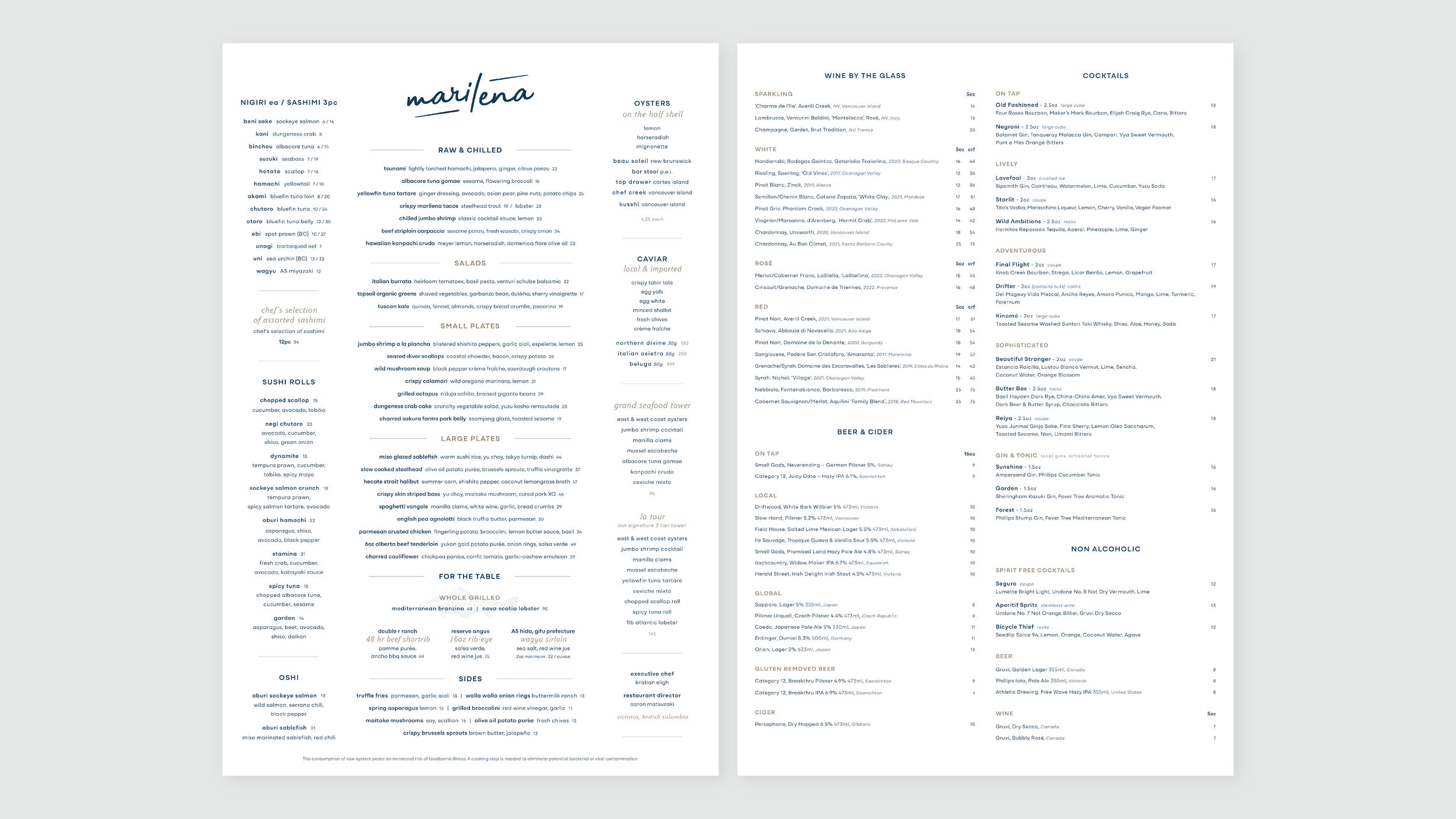 Restaurant menu featuring a variety of sushi, sashimi, raw and chilled seafood, salads, small plates, large plates, grilled options, sides, and desserts. Includes sections for wine, beer, cider, and cocktails with detailed listings. Offers internatio