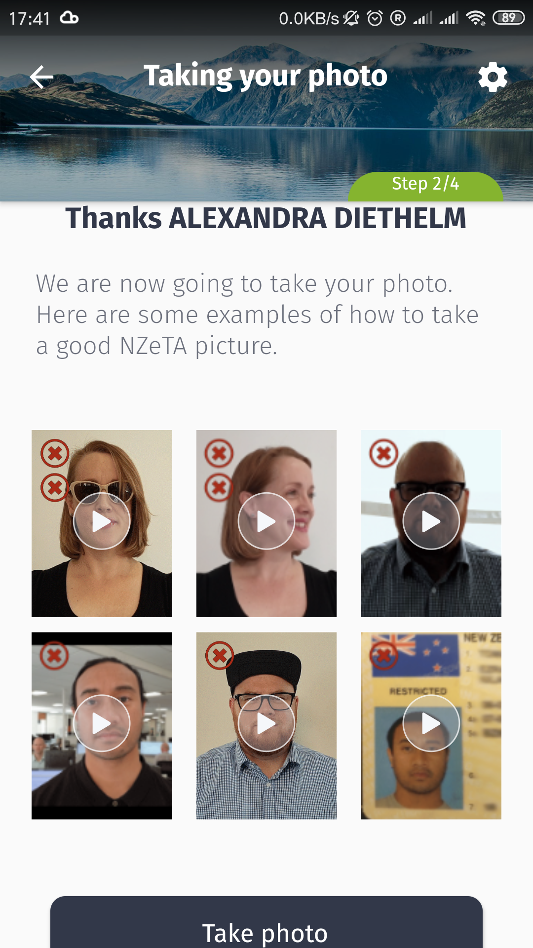 Step 3: Take your photo. Best is to stand against a neutral back-ground, take glasses off, take your hair out of your face and keep your mouth closed. point the camera at you like a selfie and it will automatically take a picture.