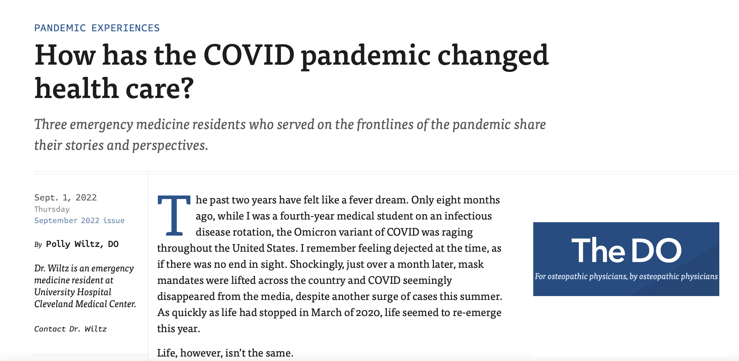The Pandemic's Impact on Healthcare: Dr. Wiltz's Article Featured in The DO