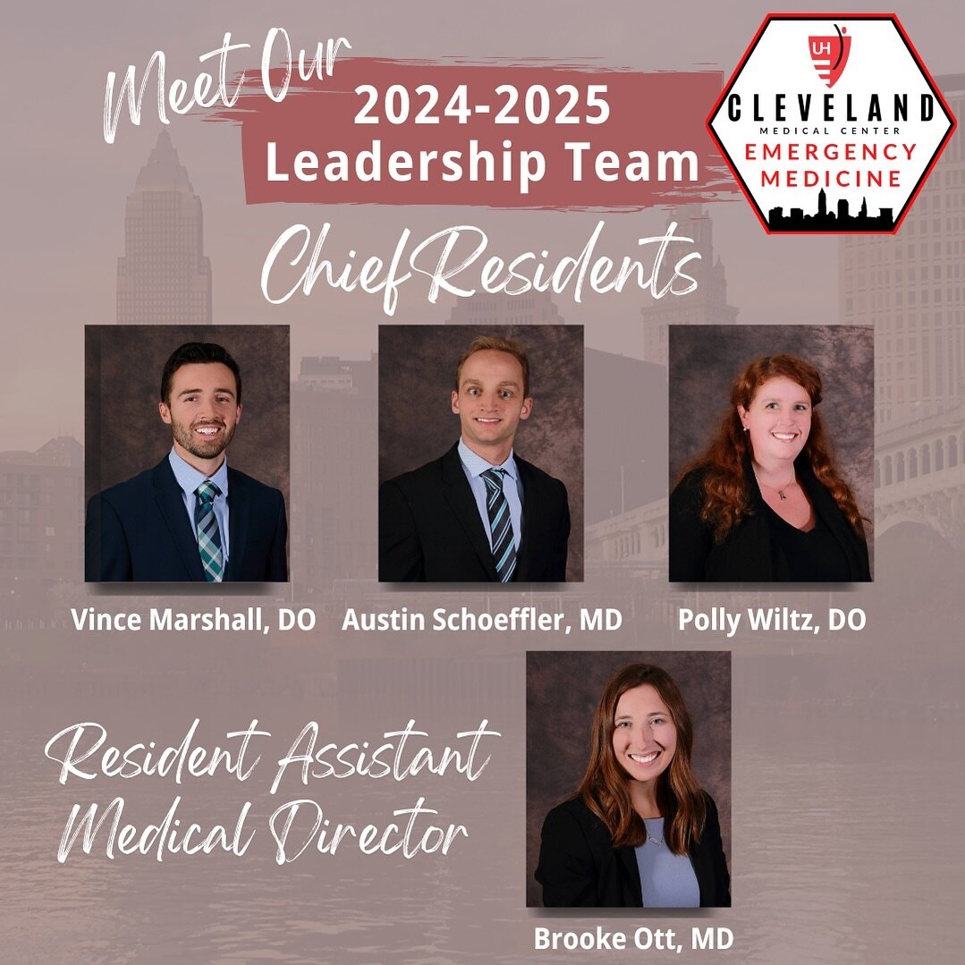 Thrilled to announce our Resident Leadership Team for 2024-2025! Congratulations to rising Chief Residents, Drs. Vince Marshall, Austin Schoeffler, and Polly Wiltz, and Resident Assistant Medical Director, Dr. Brooke Ott! We&rsquo;re so excited to se