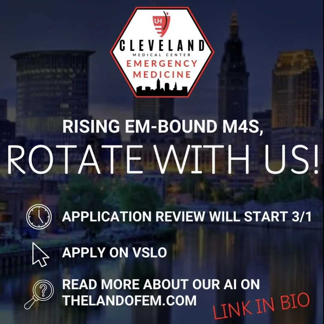 🚨Attention to all emergency medicine bound rising fourth year medical students 🚨 

COME ROTATE WITH US! Our acting internship is a robust rotation with supervised autonomy in a variety of clinical spaces, dedicated small group education, and close 