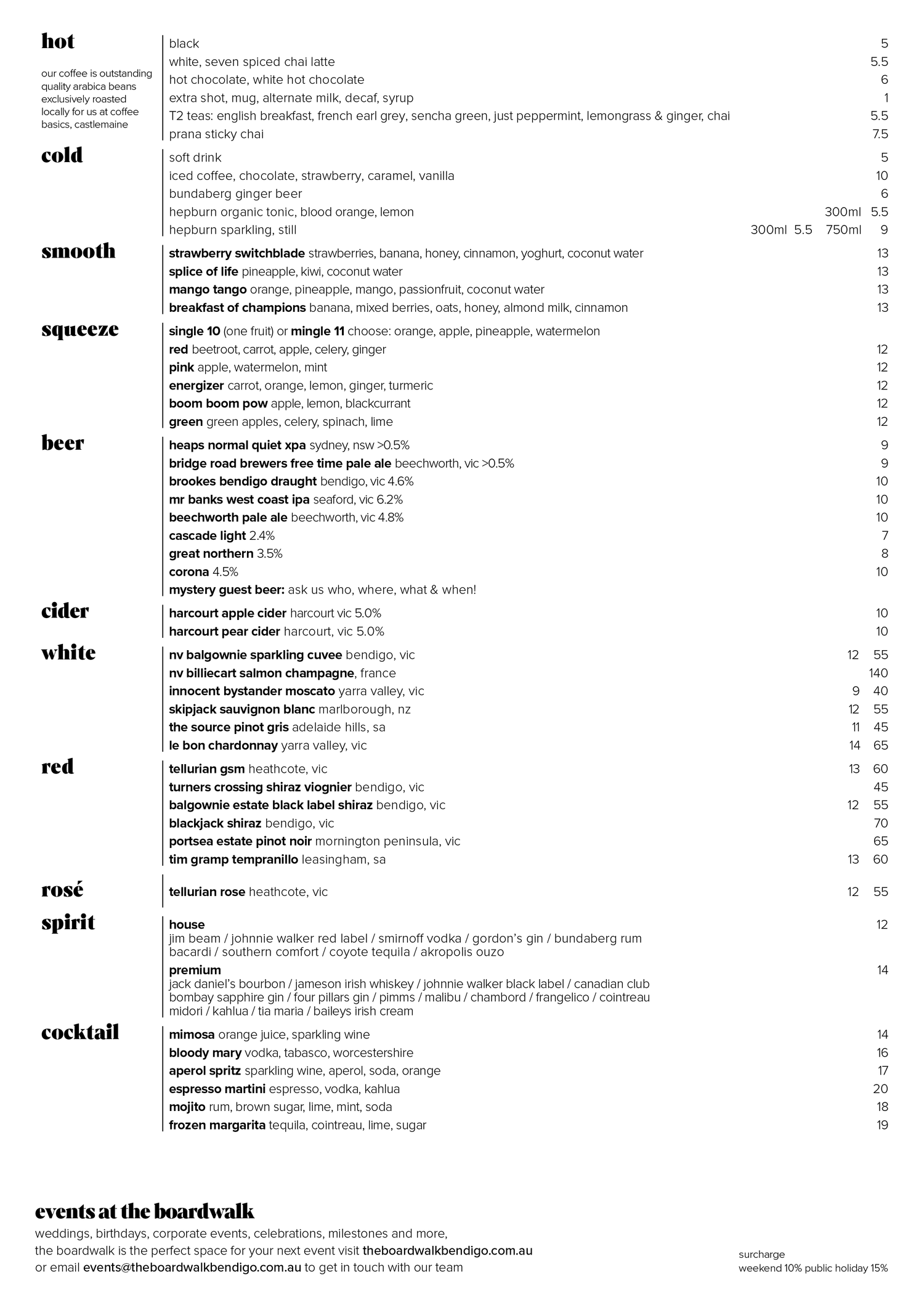 Menu — The Boardwalk Bendigo