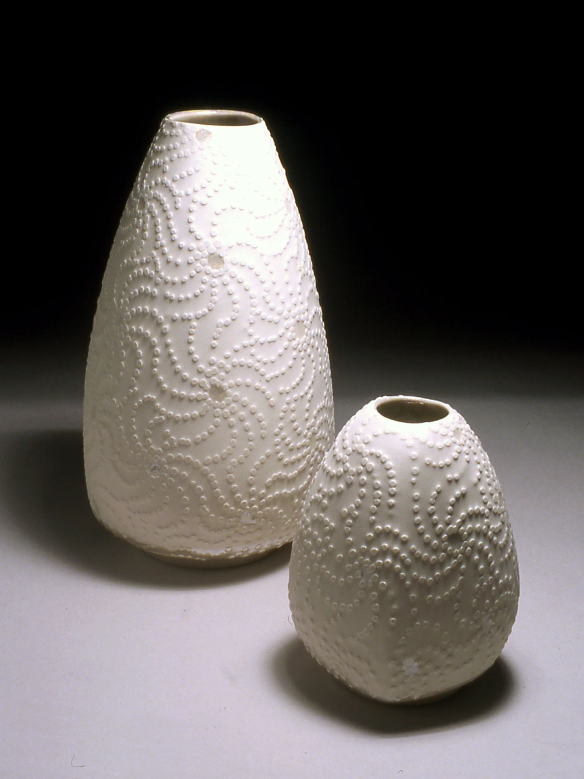 Cocoon Vases, Slip-cast semi-porcelain, water-etched, Height 13cm, 23cm