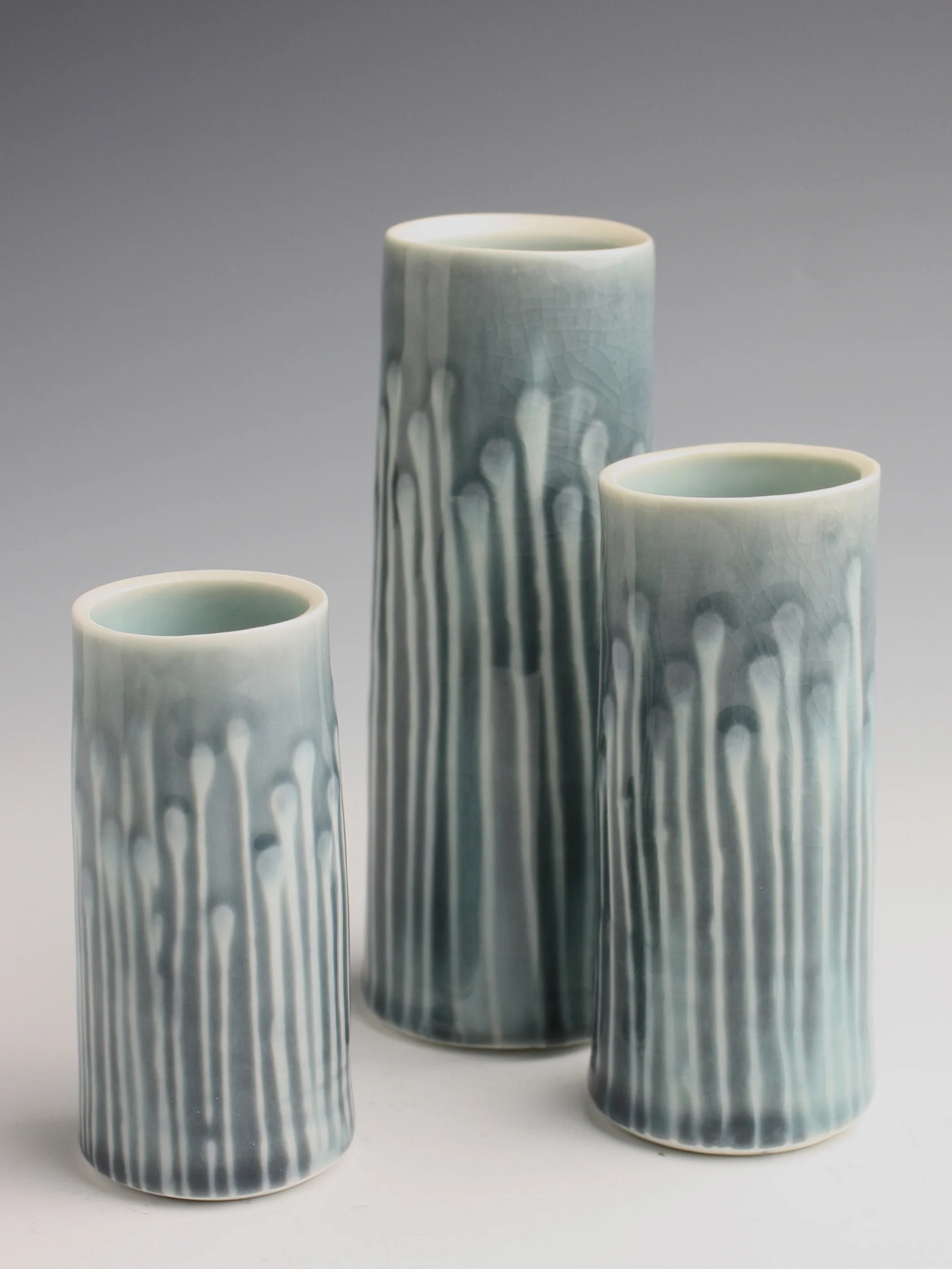 Three Vases, 2010. Thrown and water-etched porcelain. Height 14cm