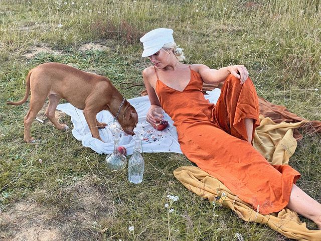 When your picnic gets crashed by a puppy 🧺 🐶 shooting on Hampstead Heath with @jessicadavy 💛 new new coming 🔜 #goosethelabel