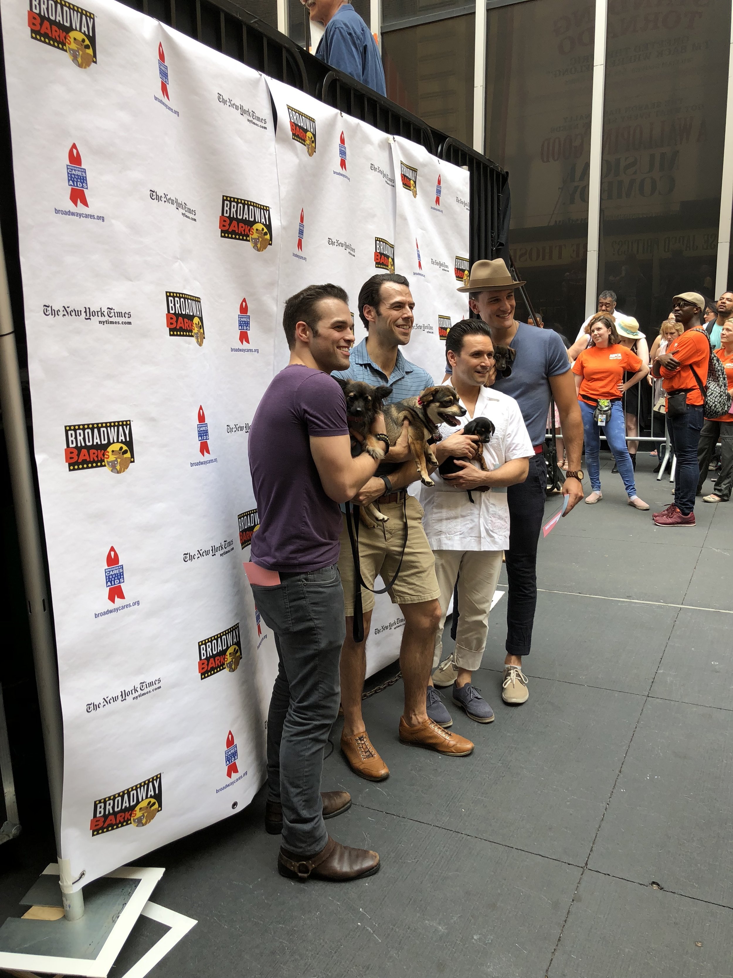 Mouse, Clover, Guinness, and Suzi with the cast of Jersey Boys.