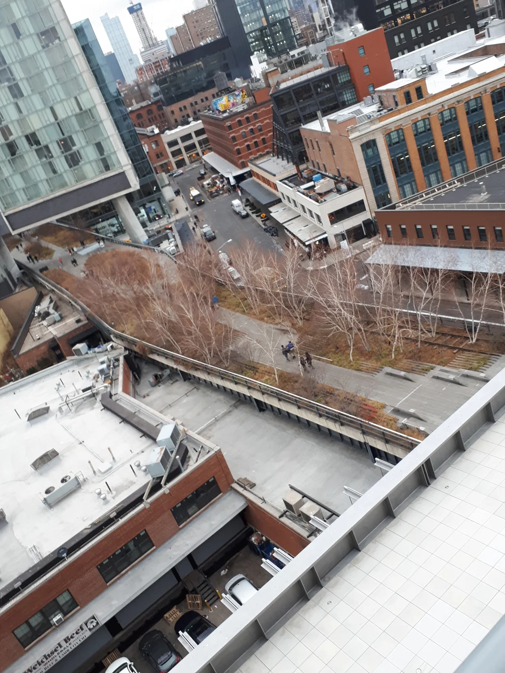 A view of New York City's Highline Park (using the defunct railway tracks - an fine example of landscape design that is stunning and people friendly. Photo taken from the third floor of the new Whitney Museum.
