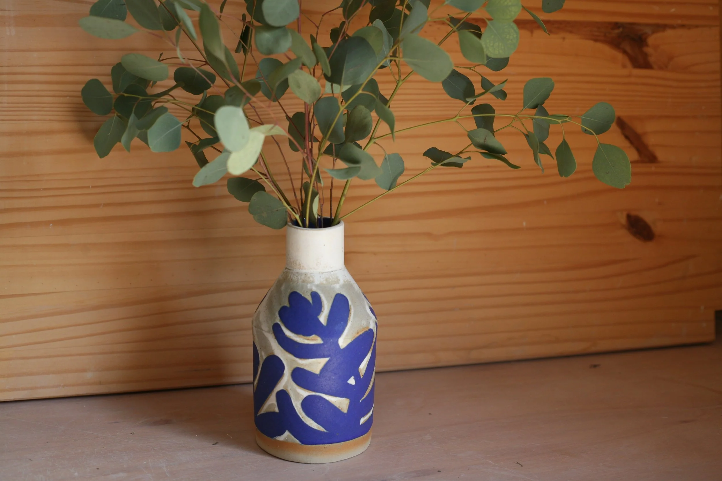 Bottle vase hand glazed in eucalyptus