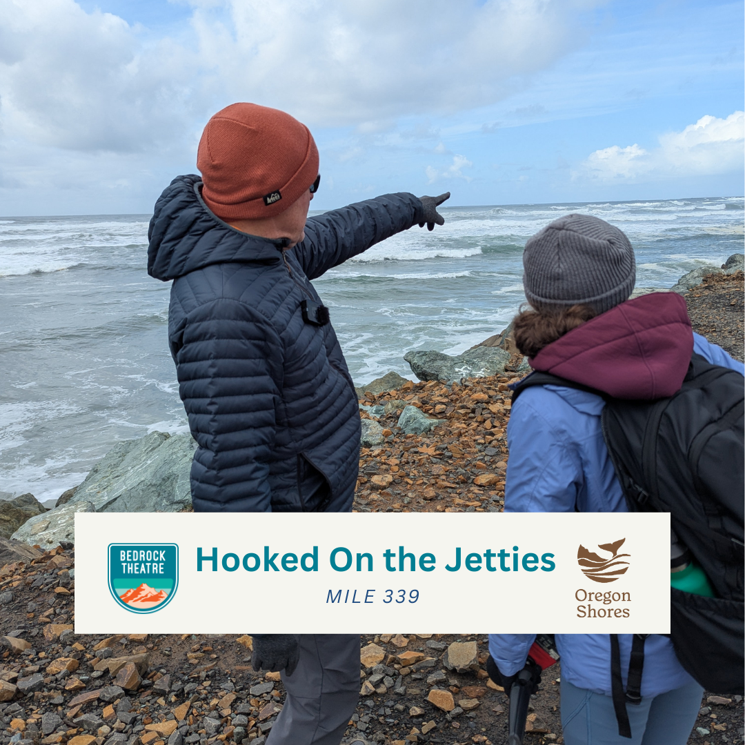 In the cover photo for Episode 2 of CoastWatch & Listen, lead producer Emily Eisele stands on top of the jetty at Mile 339 with CoastWatch volunteer Ed Joyce, who points to something in the distance.