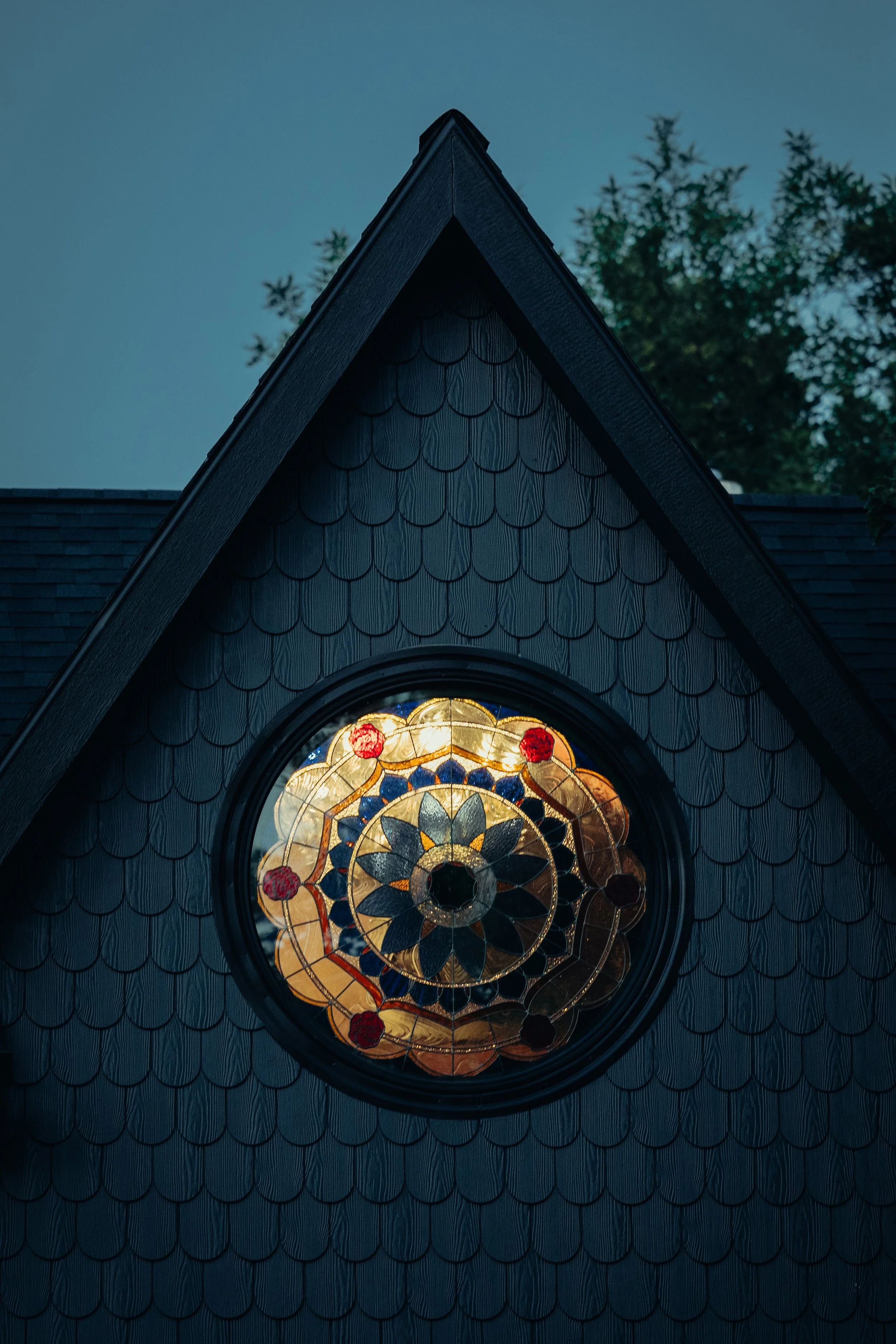  Exterior view of the custom stained glass rose window. 